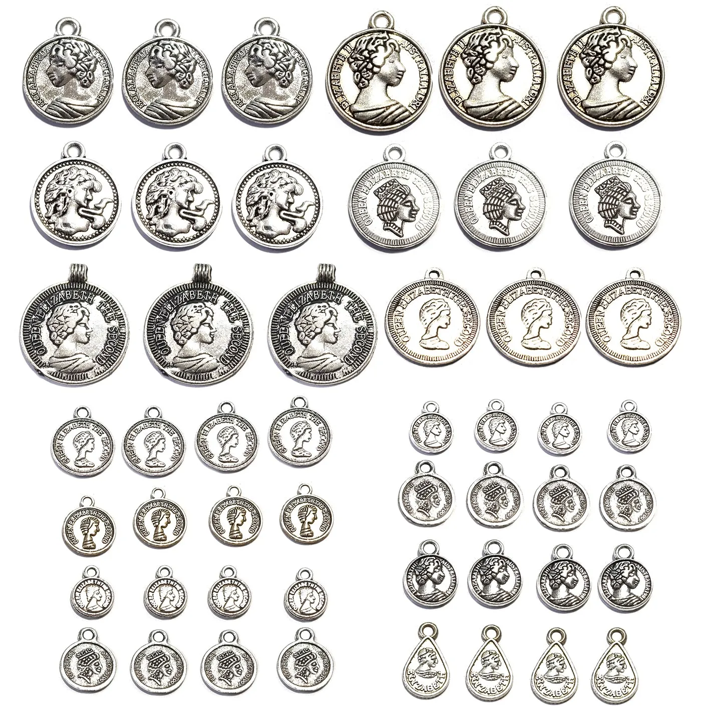 140 Pcs Package, Mix Coin Charms Silver tone for jewelry making