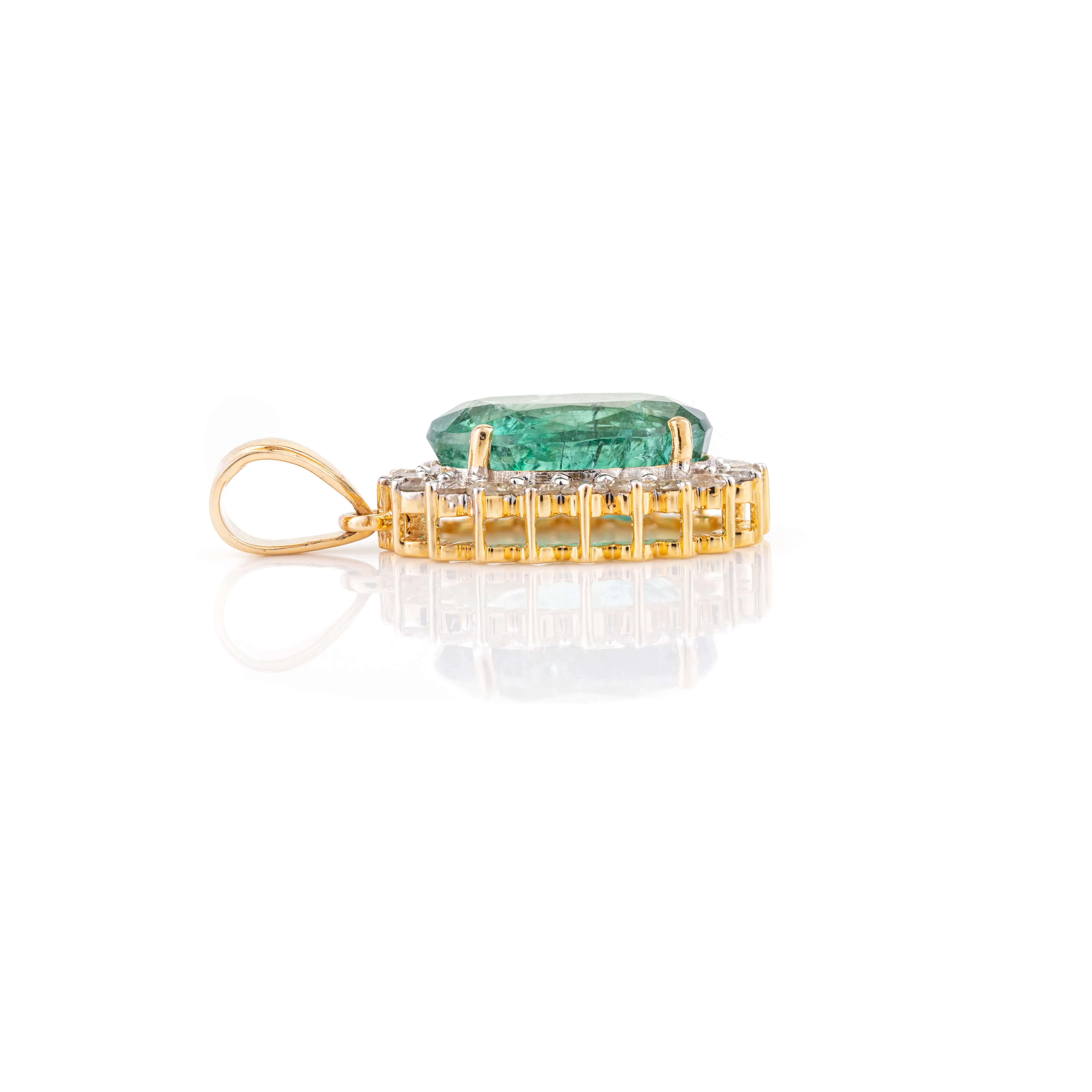 14K Gold Emerald Halo Diamond Pendant