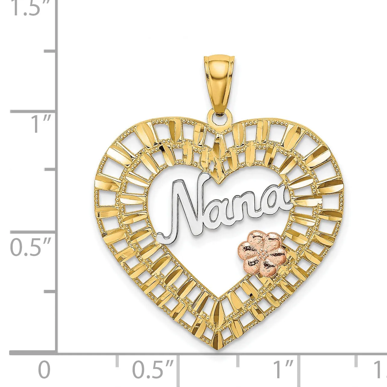 14k Two Tone Gold, White Rhodium Diamond Cut Polished Finish NANA Heart Shape with Flower Charm Pendant