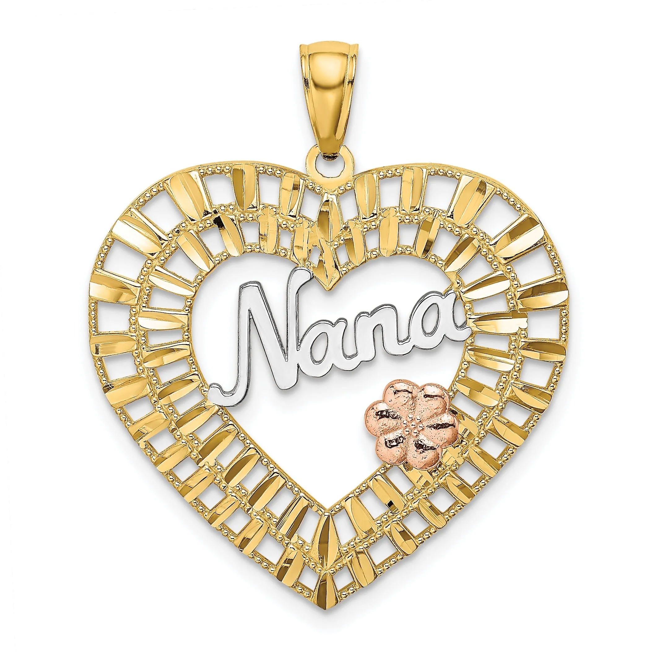 14k Two Tone Gold, White Rhodium Diamond Cut Polished Finish NANA Heart Shape with Flower Charm Pendant