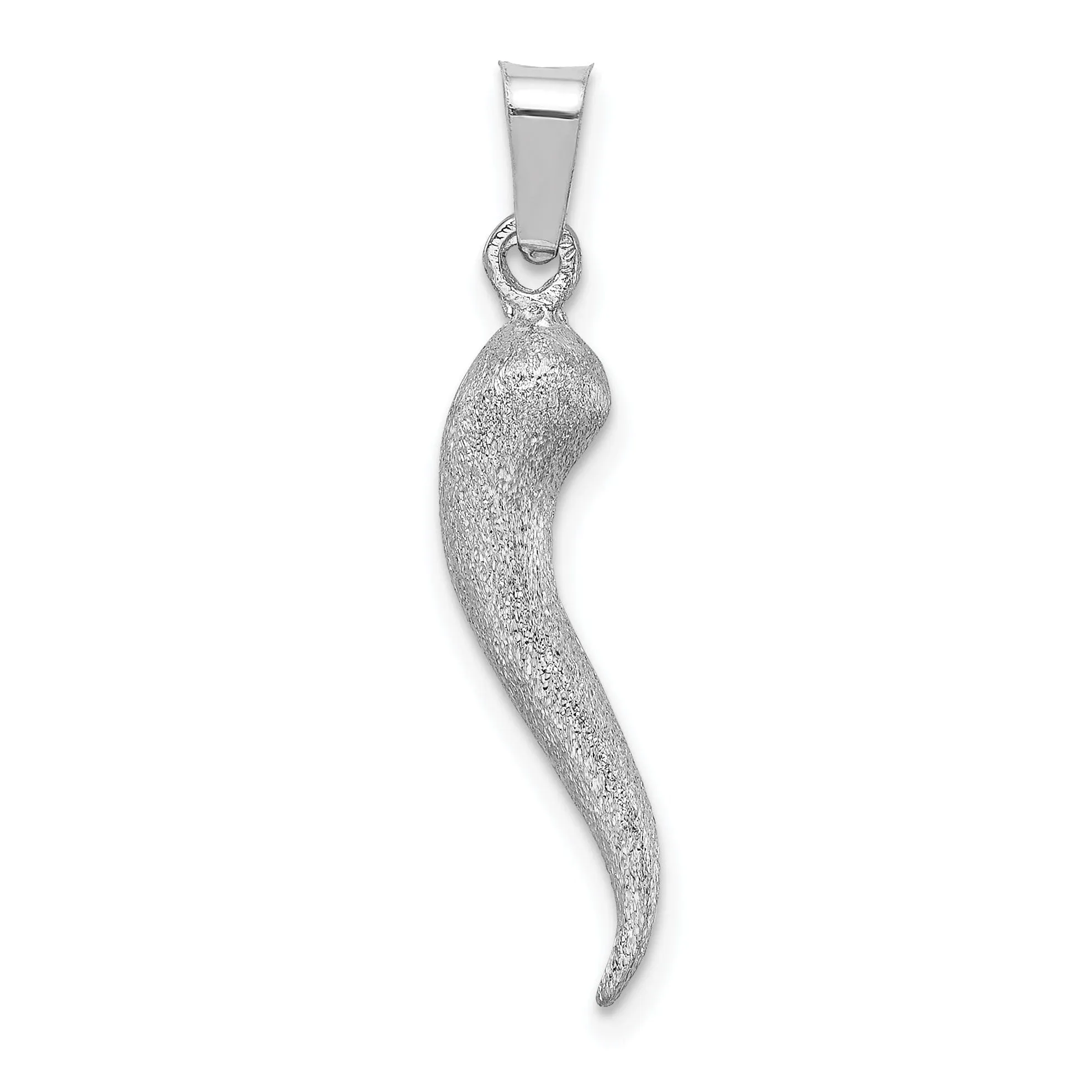 14K White Gold Solid Brushed Finish 3-Dimensional Italian Horn Charm Pendant