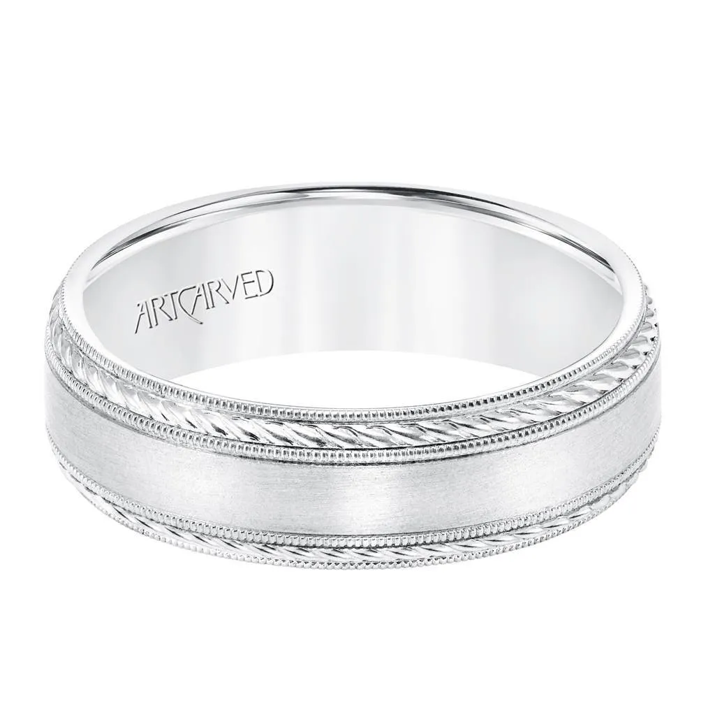 14k White Gold Wedding Band Flat Satin Finish Center with Milgrain Rope Edges- 6.5 mm