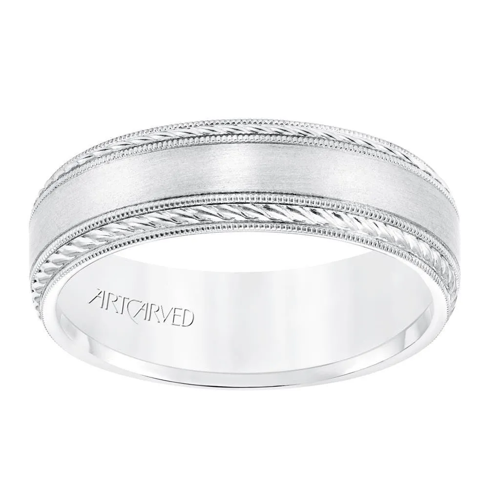 14k White Gold Wedding Band Flat Satin Finish Center with Milgrain Rope Edges- 6.5 mm