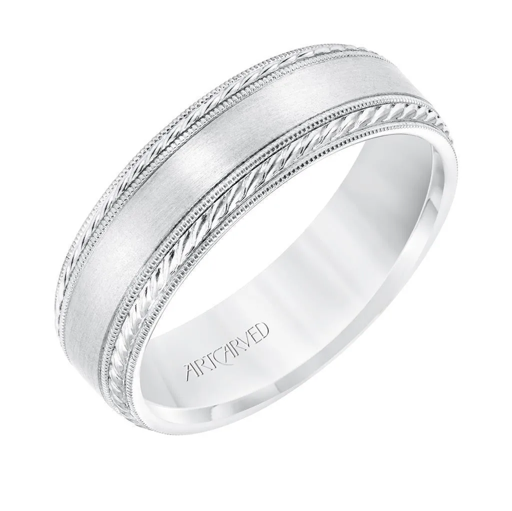 14k White Gold Wedding Band Flat Satin Finish Center with Milgrain Rope Edges- 6.5 mm