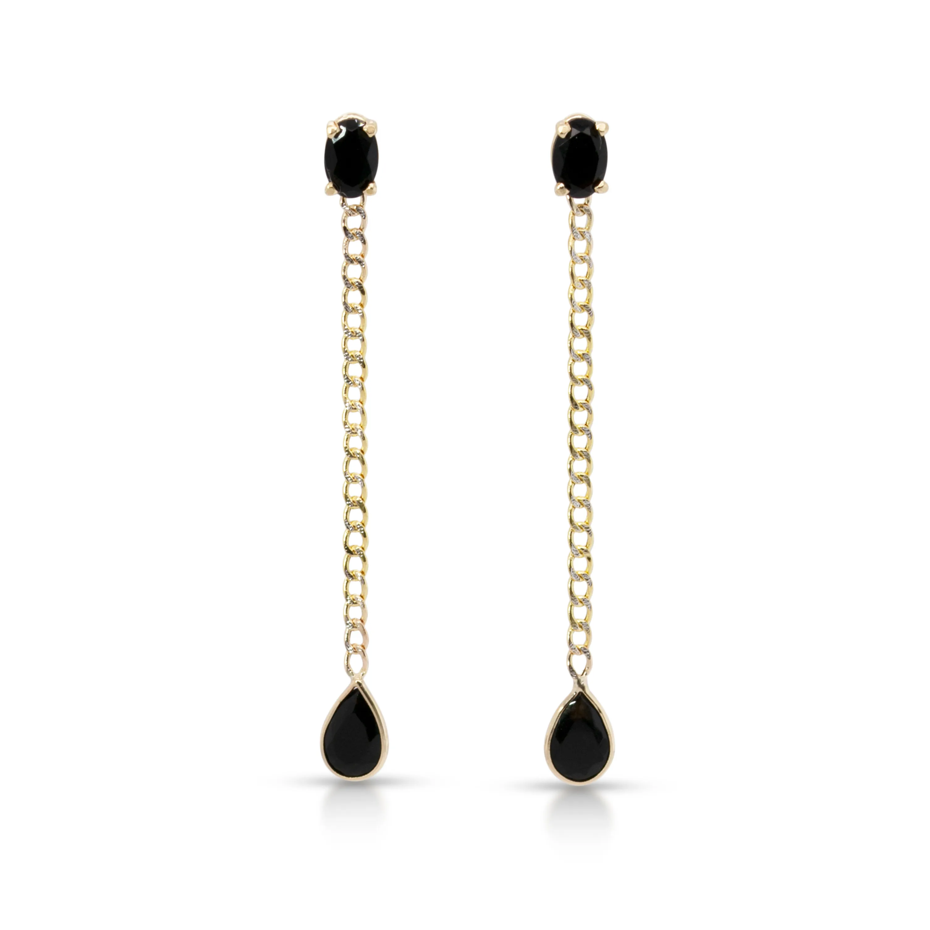 14K Yellow Gold Oval And Drop Black Cuban Chain Earrings