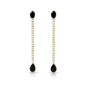 14K Yellow Gold Oval And Drop Black Cuban Chain Earrings