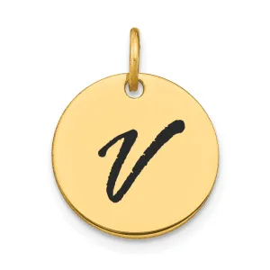 14k Yellow Gold Polished Black Epoxy Finish Letter V Initial Disk Shape Charm Pendant