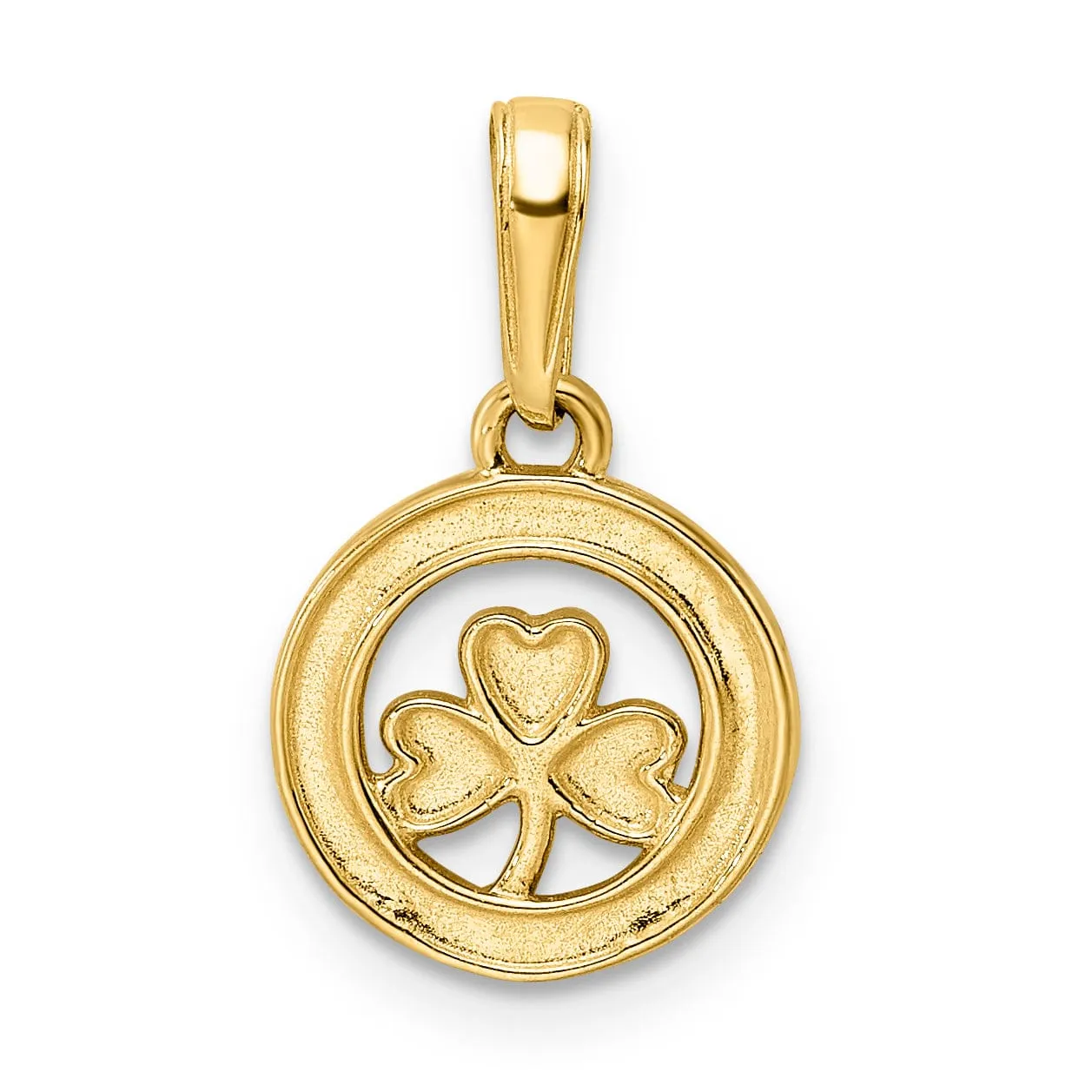 14k Yellow Gold White Rhodium Open Back Solid Diamond Cut 3-Leaf Clover in Circle Design Charm Pendant