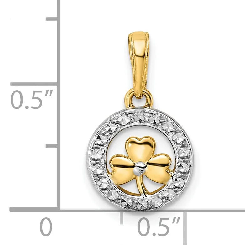 14k Yellow Gold White Rhodium Open Back Solid Diamond Cut 3-Leaf Clover in Circle Design Charm Pendant