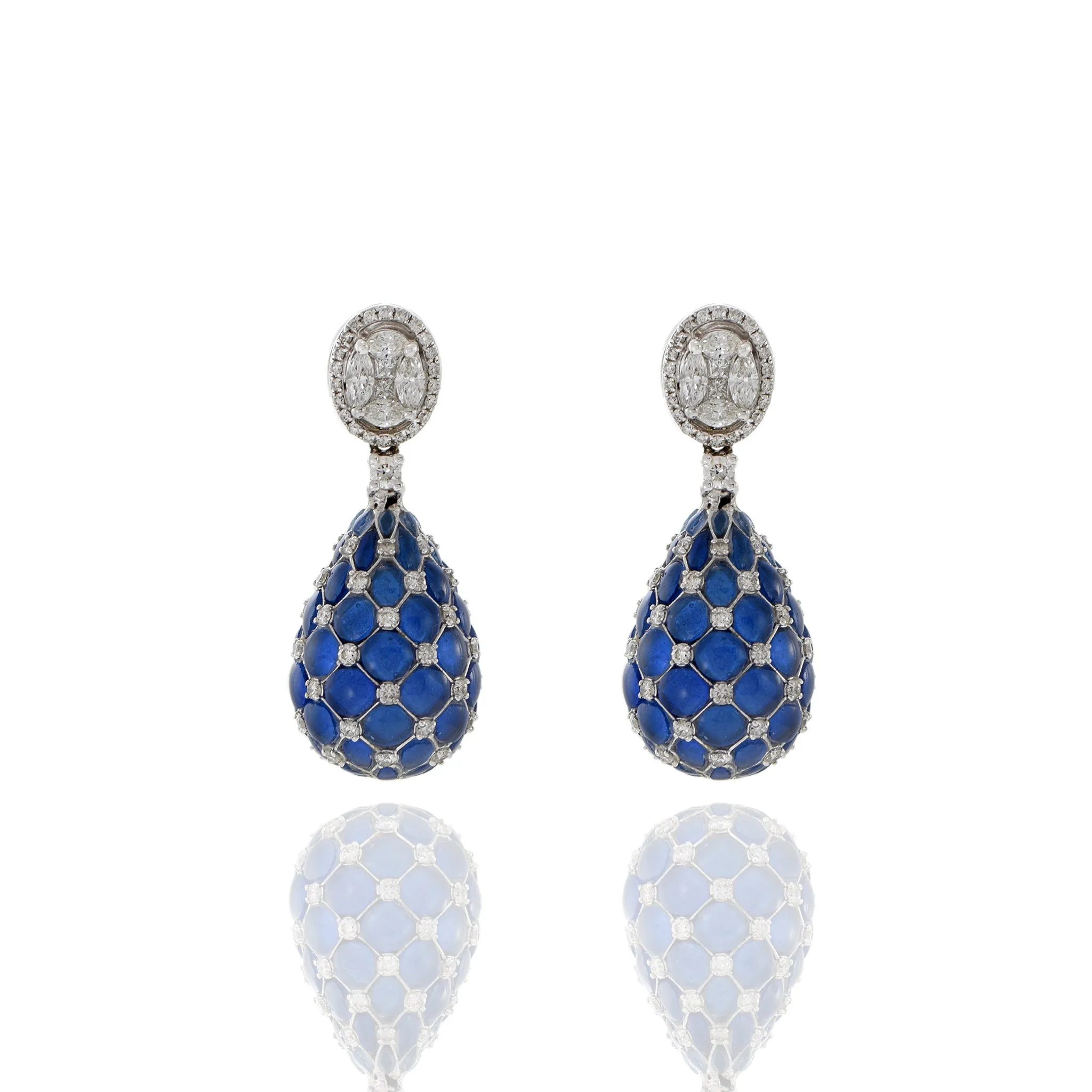 14KT White Gold Cabochon Sapphire And Diamond Drop Earrings