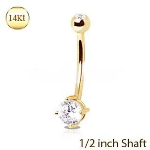 14Kt Yellow Gold 1/2" Navel Ring with Clear Round Prong Set CZ