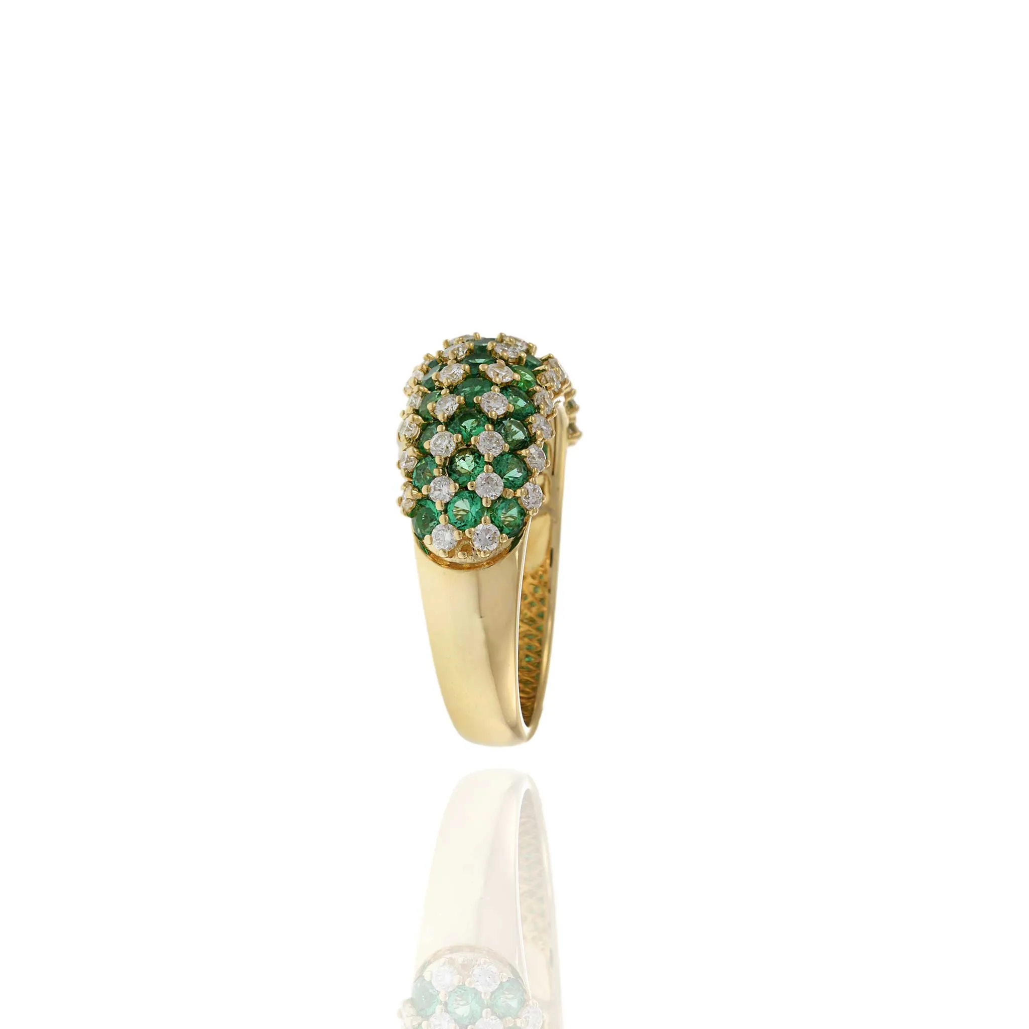 14KT Yellow Gold Checkerboard Emeralds and Diamond Dome Ring