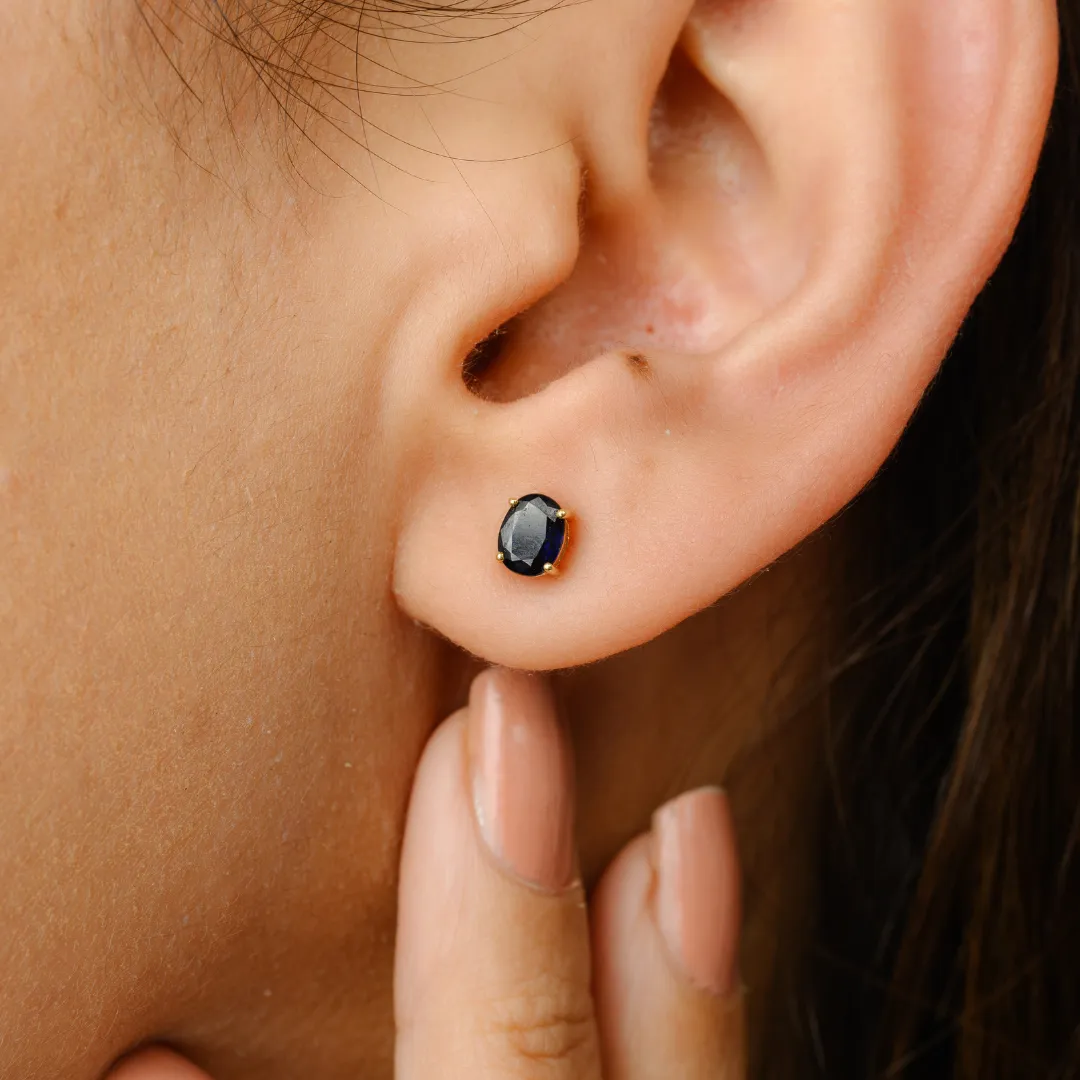 18K Gold Blue Sapphire Oval Studs