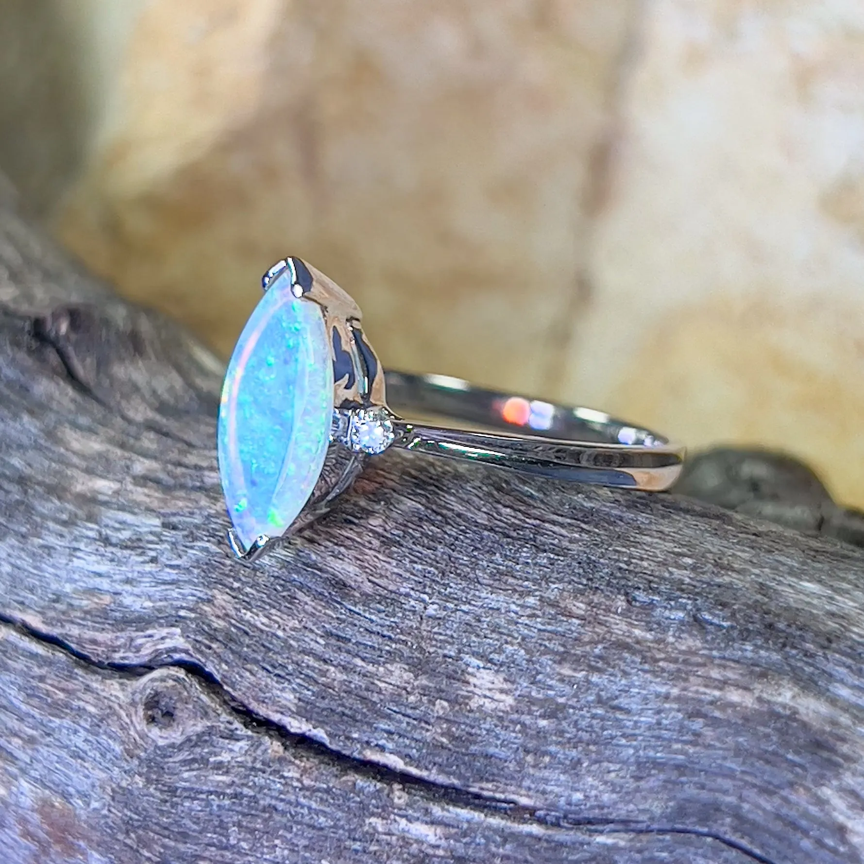 18kt White Gold Marquise Crystal Opal and diamond ring