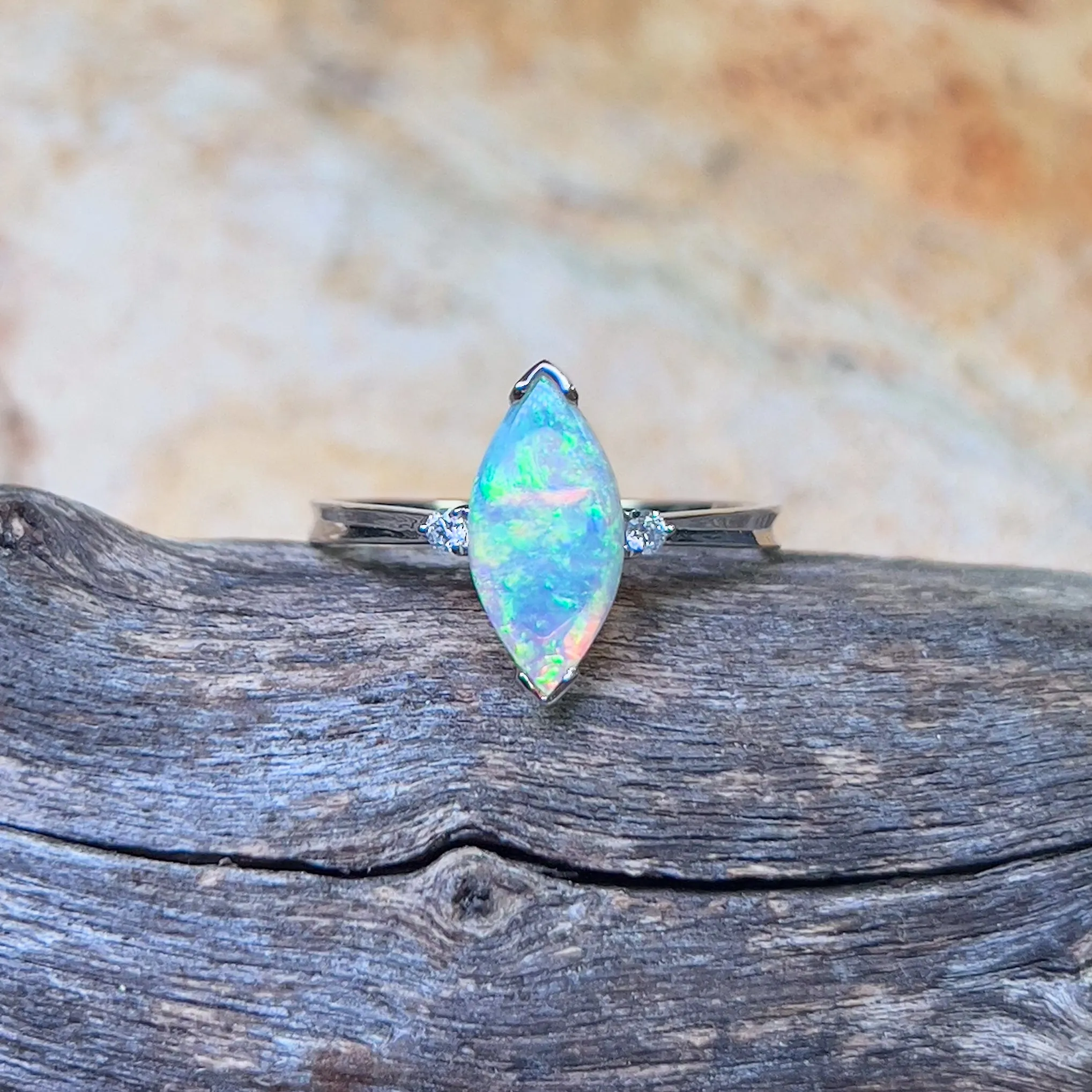 18kt White Gold Marquise Crystal Opal and diamond ring