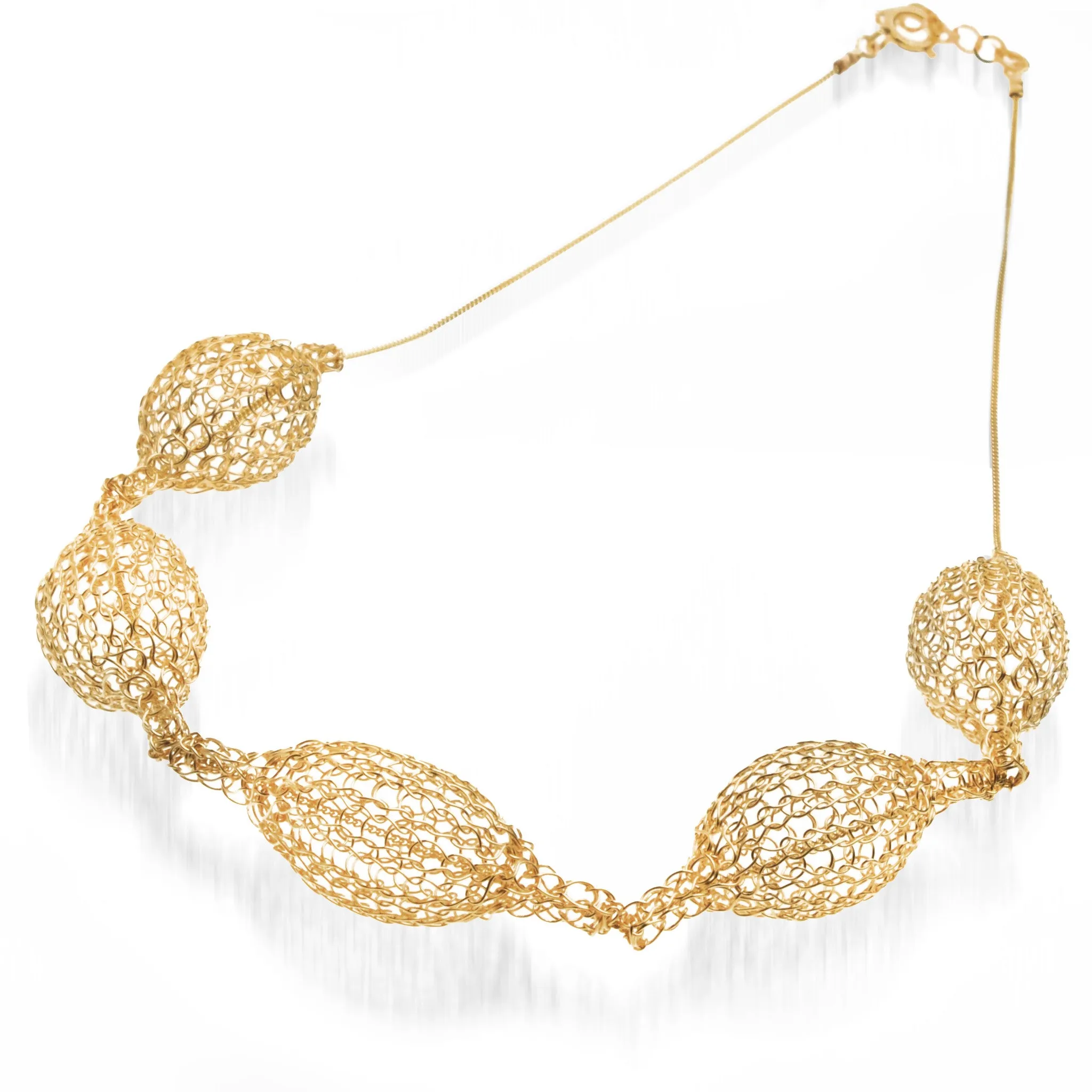 5 Crocheted gold filled organic pod necklace , unique handmade wire crochet jewelry