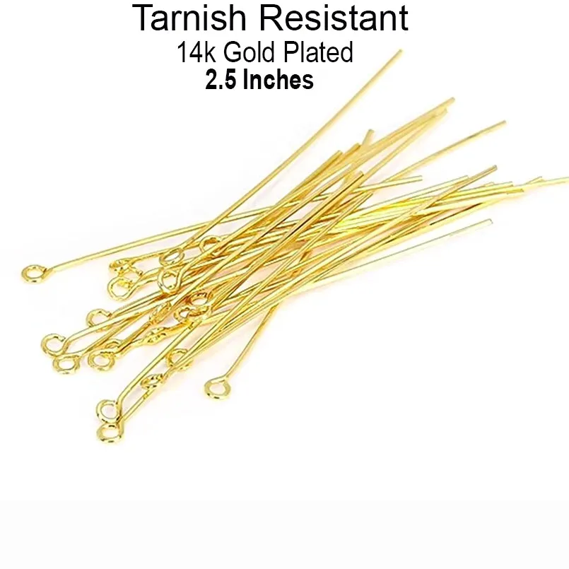 50 pcs Eye pins 2.5 inches long, tarnish Resistant Gold plated on brass material