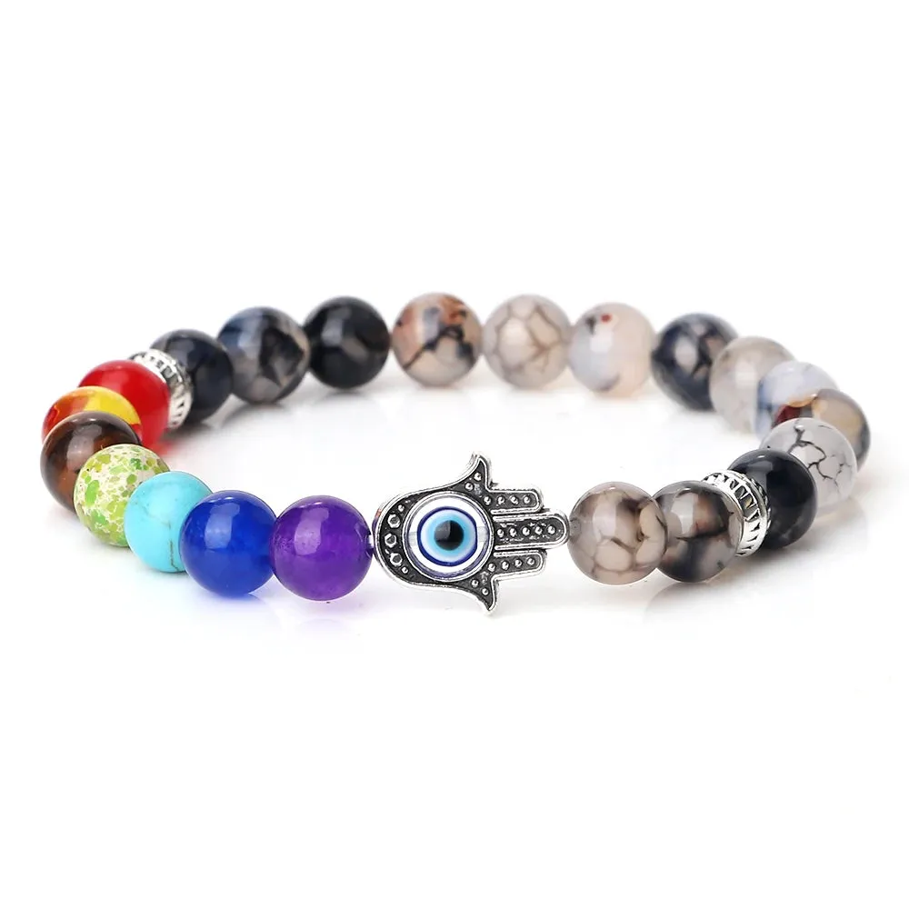 7 Chakra Bracelets Men Natural Tiger Eye Stone Lava Onyx Agates Beads Bracelet Turkish Evil Eye Hand Of Fatima Jewelry Bangles