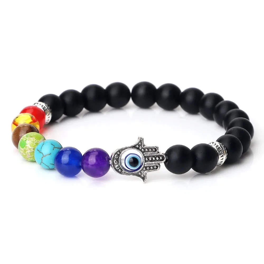 7 Chakra Bracelets Men Natural Tiger Eye Stone Lava Onyx Agates Beads Bracelet Turkish Evil Eye Hand Of Fatima Jewelry Bangles