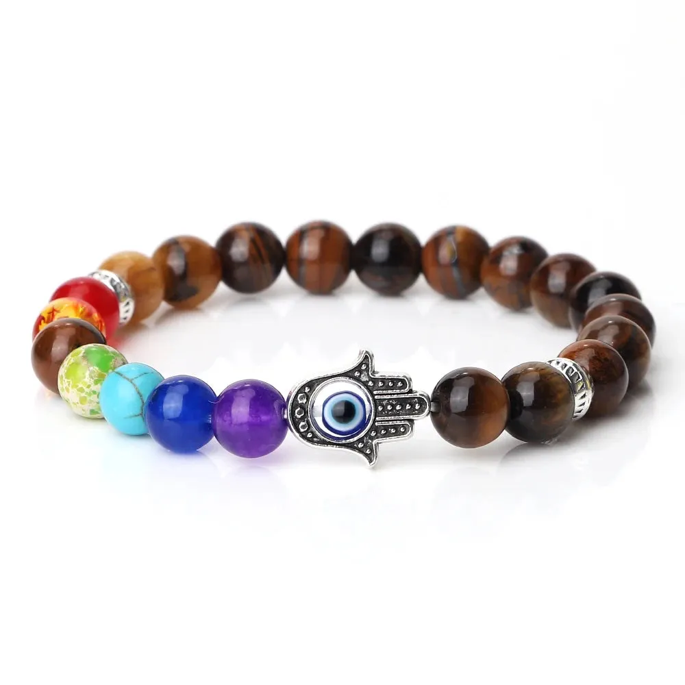 7 Chakra Bracelets Men Natural Tiger Eye Stone Lava Onyx Agates Beads Bracelet Turkish Evil Eye Hand Of Fatima Jewelry Bangles