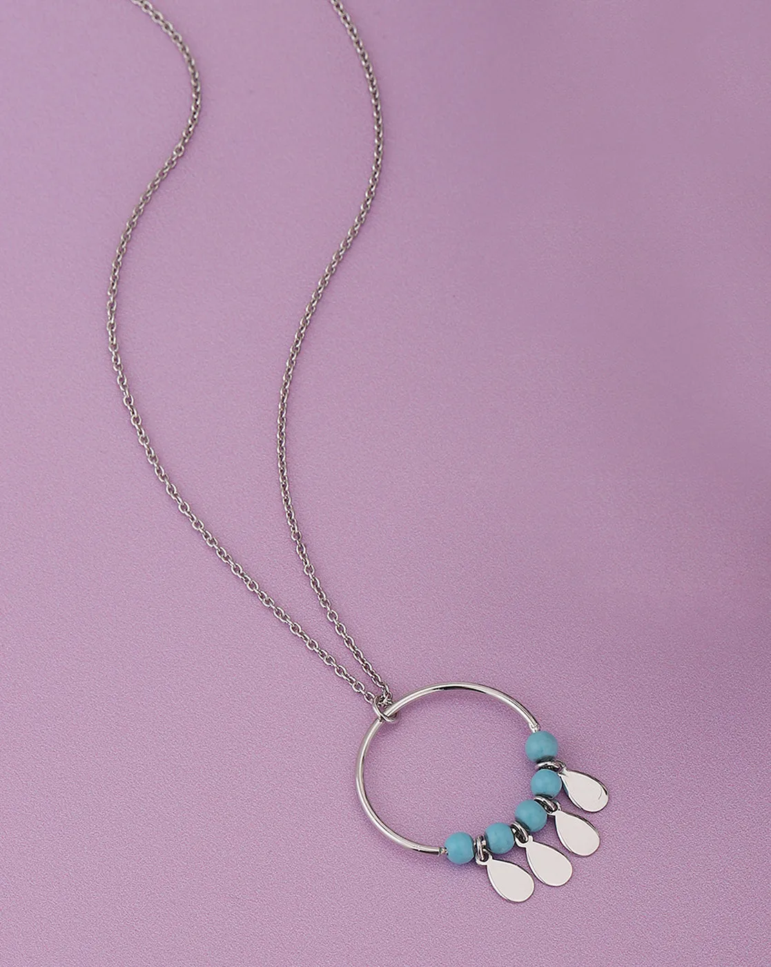 925 Sterling Silver Circle With Turquoise Bead And Dangling Drops Pendant With Chain & Rhodium Plating