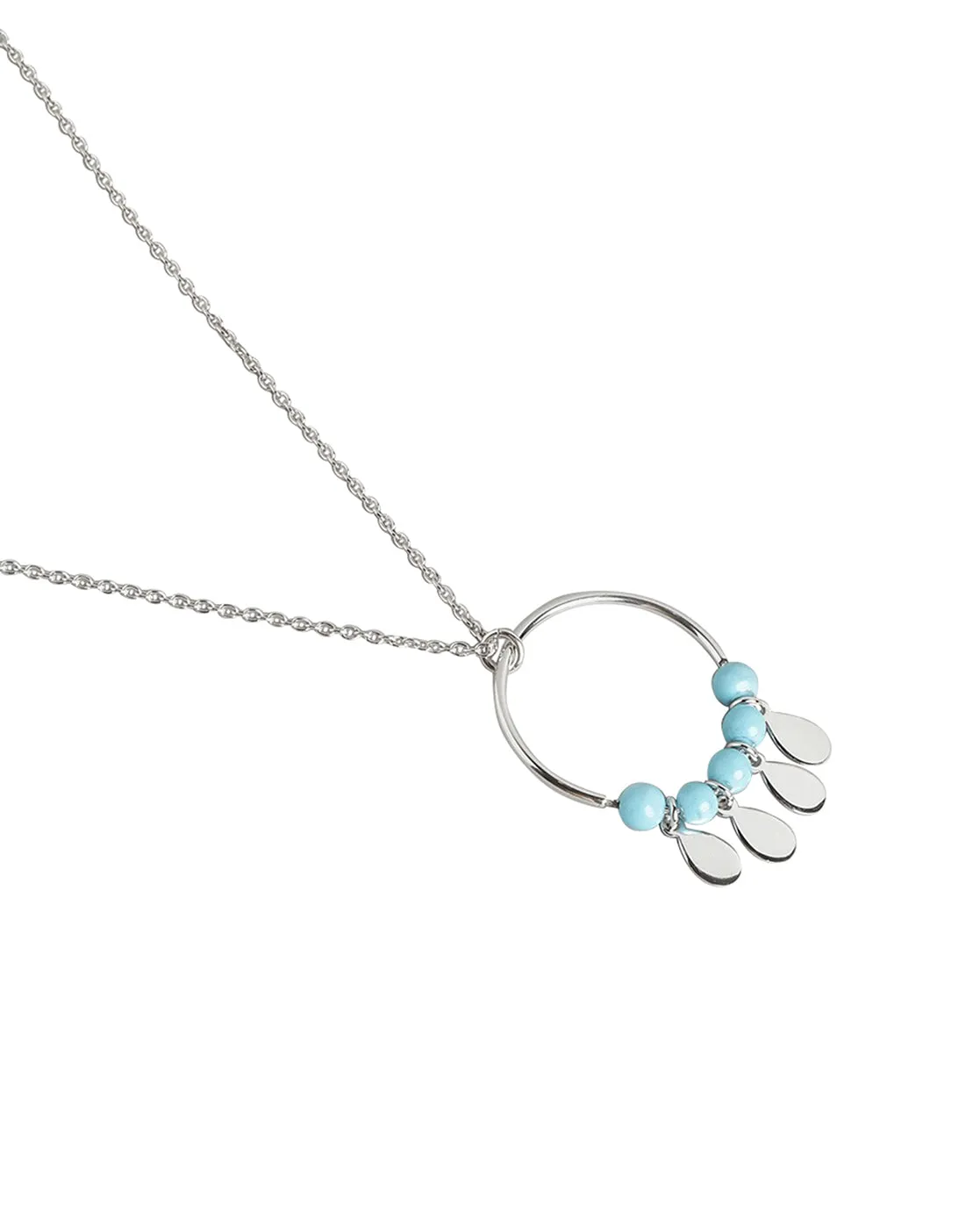 925 Sterling Silver Circle With Turquoise Bead And Dangling Drops Pendant With Chain & Rhodium Plating