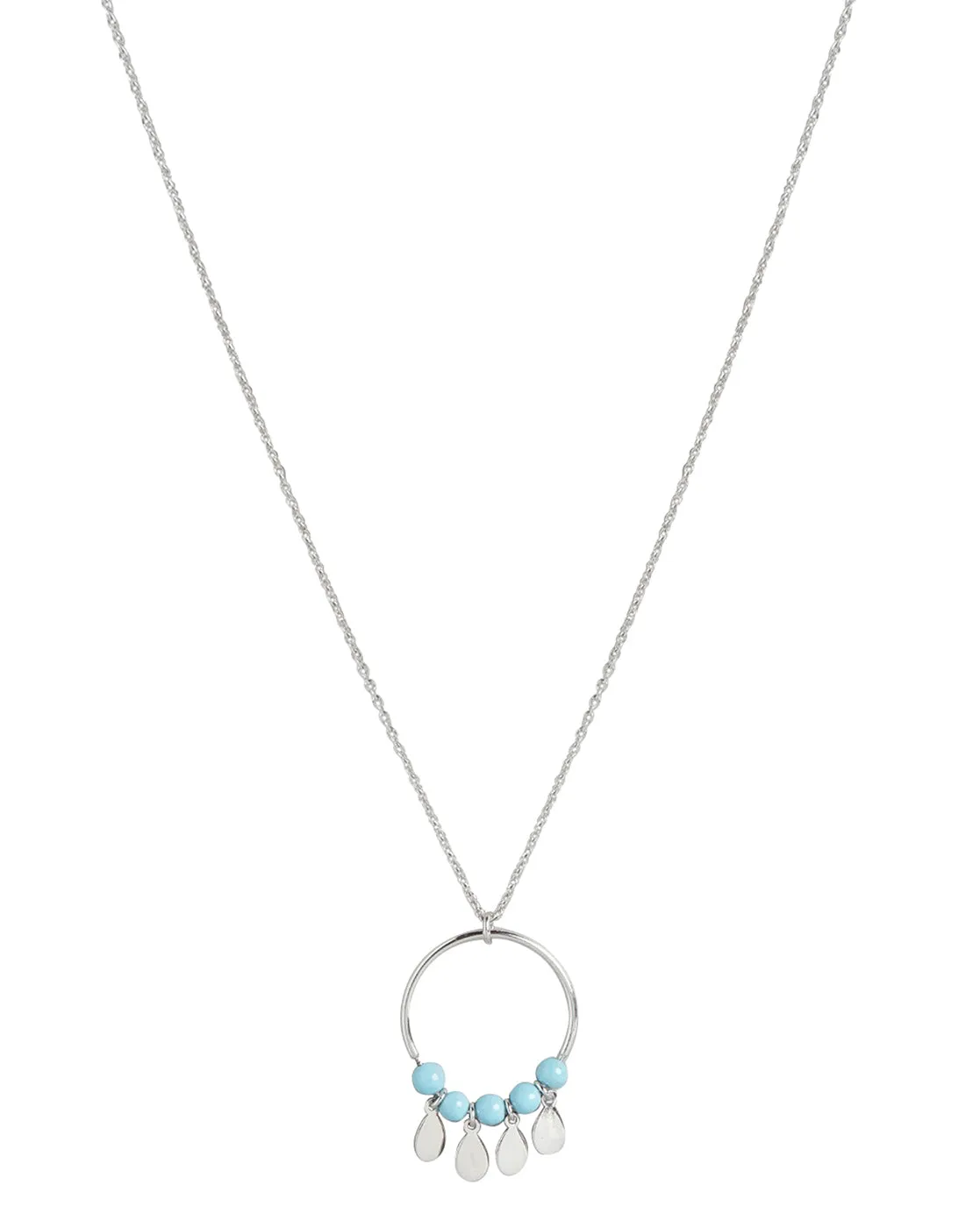 925 Sterling Silver Circle With Turquoise Bead And Dangling Drops Pendant With Chain & Rhodium Plating