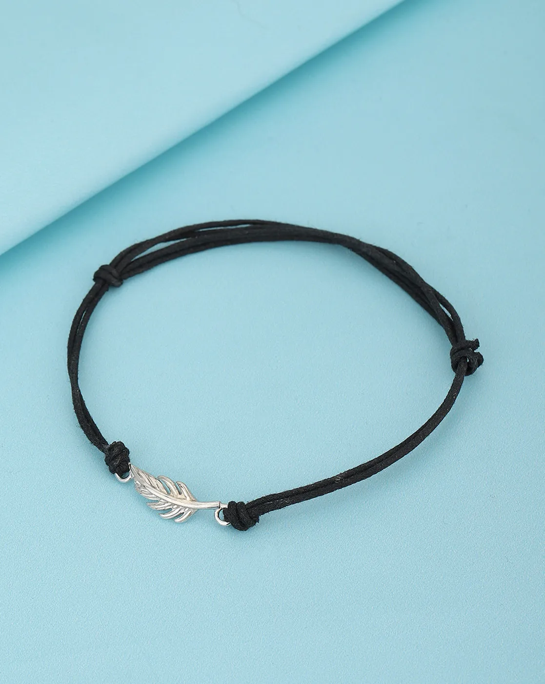 925 Sterling Silver Leaf Charm In Rhodium Plating With Cotton Cord Adjustable Bracelet