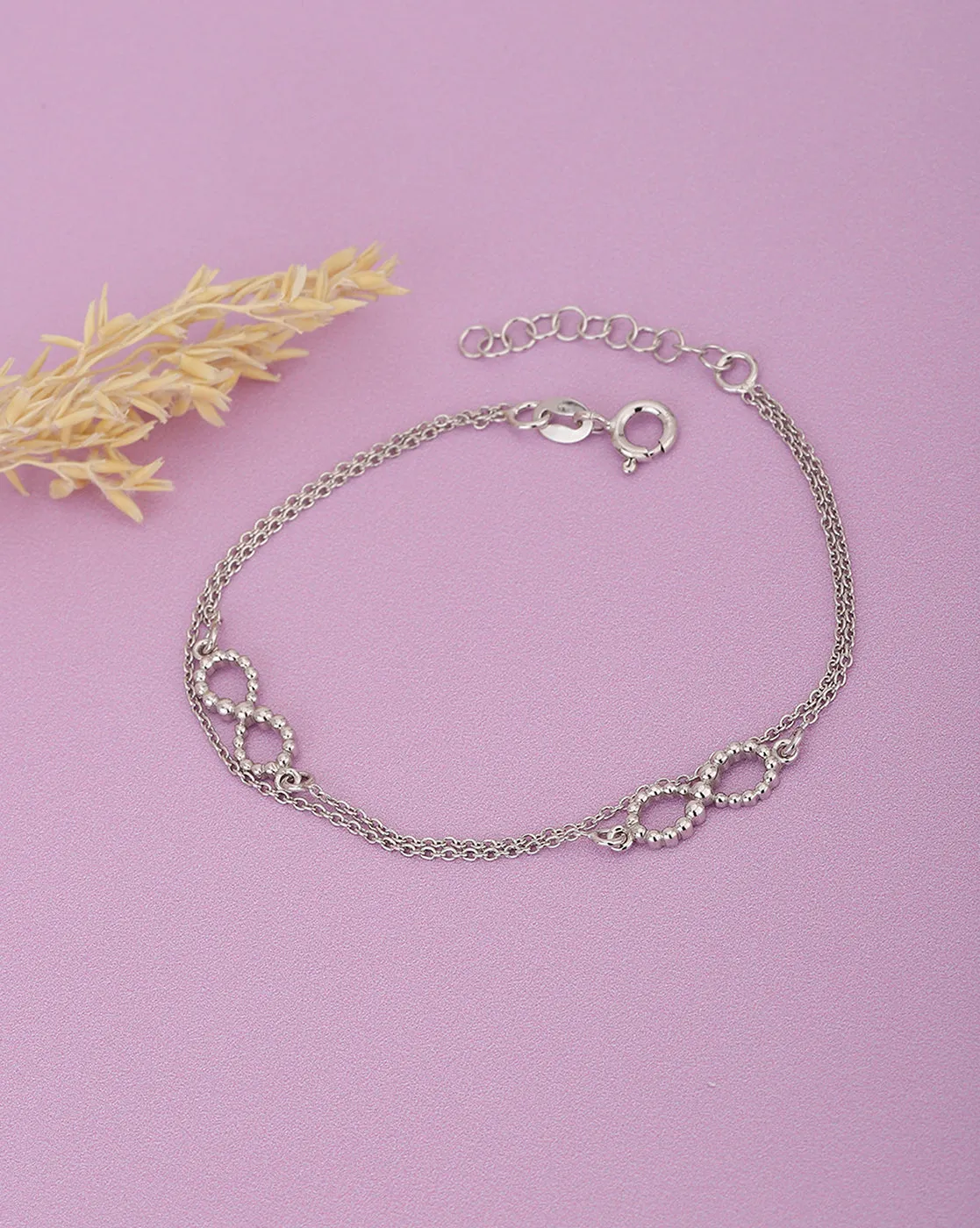 925 Sterling Silver Rhodium Plated With Infinity Double Chain Adjustable Charm Bracelet