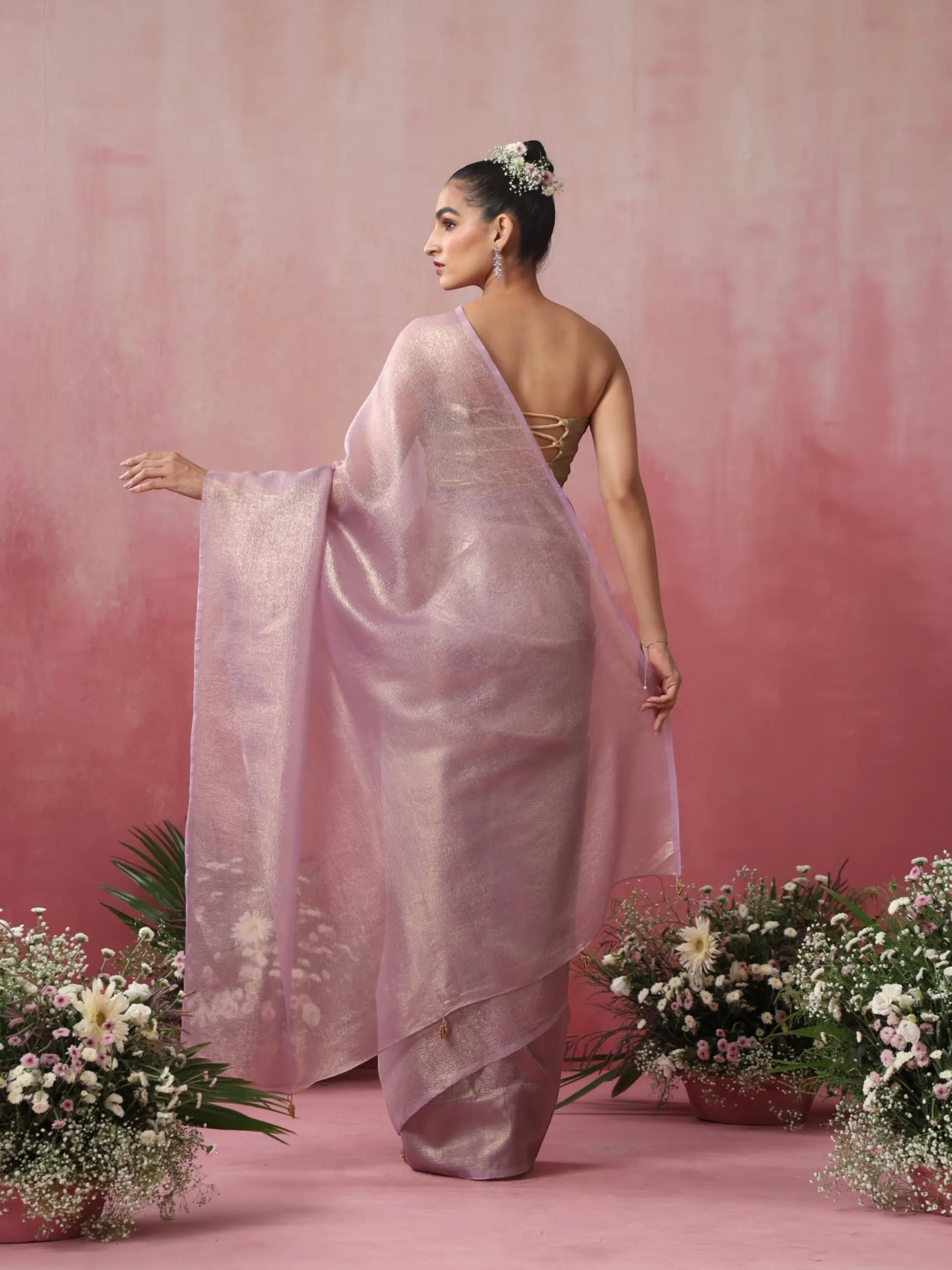 Angelic Lavender Gold Crushed Organza Saree With Pendants