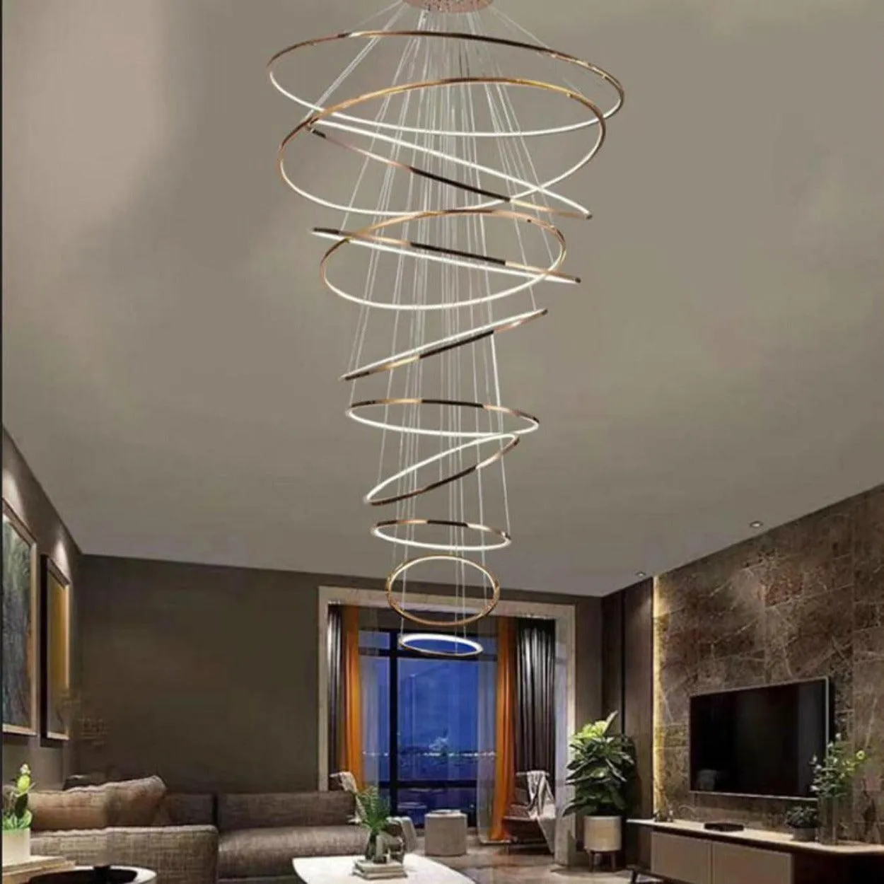 ANKUR INTERSTELLER MODERN DOUBLE HEIGHT LED RINGS CHANDELIER