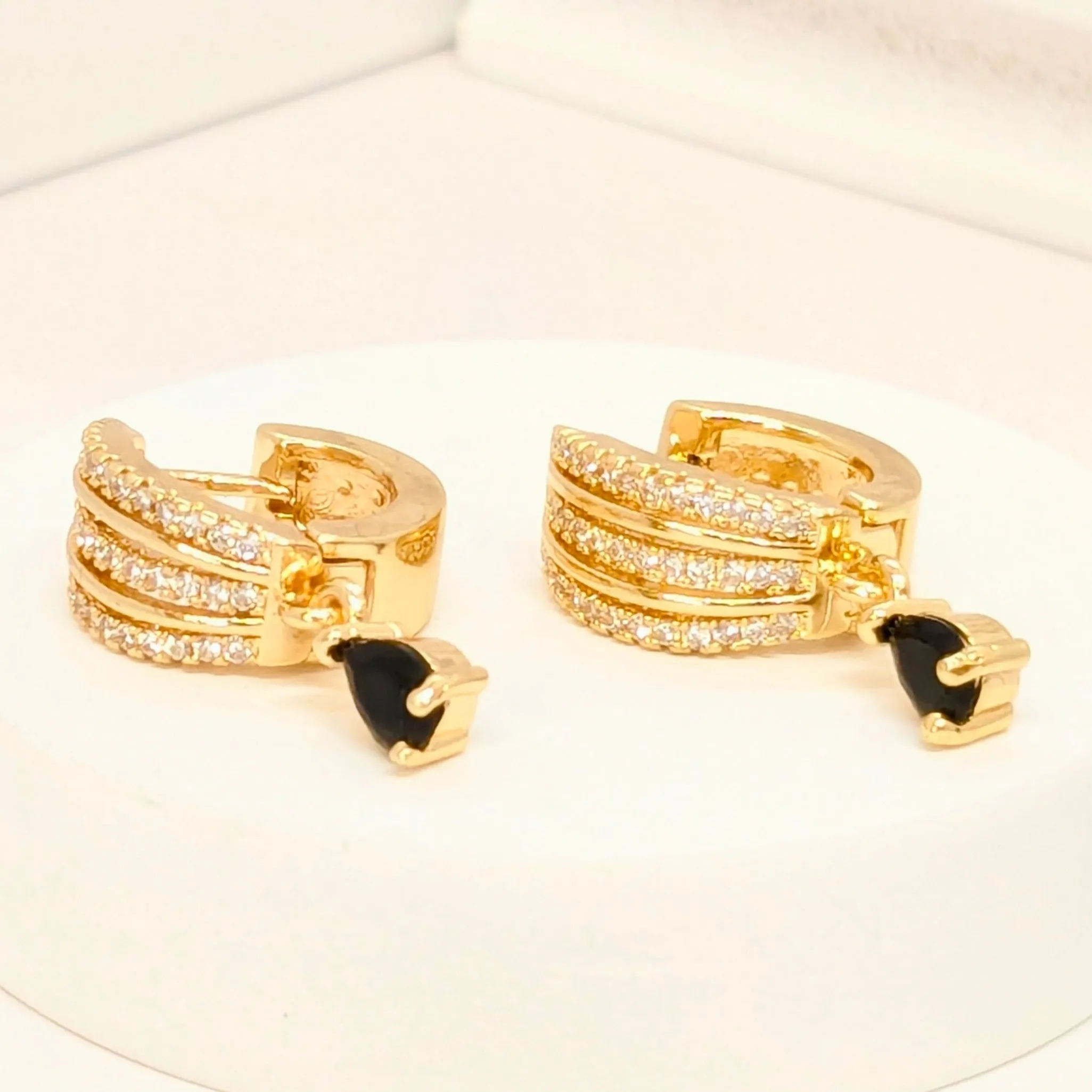 Beautiful 3 Layer AD Hoop Earrings in Gold Finish with Black Stone