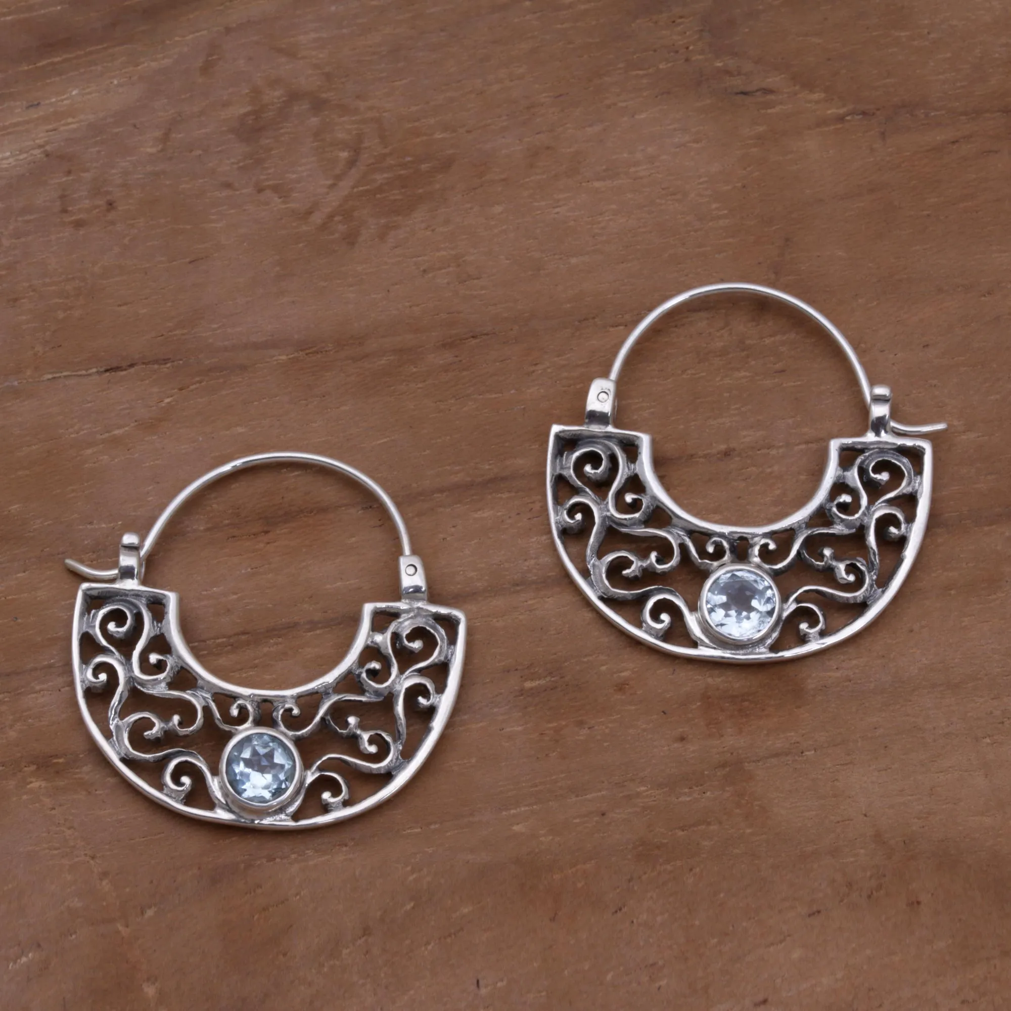 Blue Jasmine Topaz & Silver Hoop Earrings