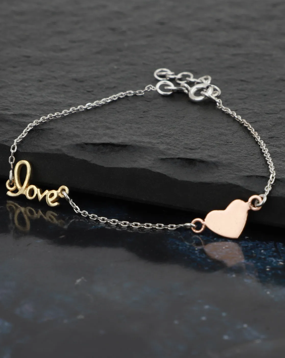 Carlton London 2 Toned Rhodium Plated Love With Heart Charm Bracelet