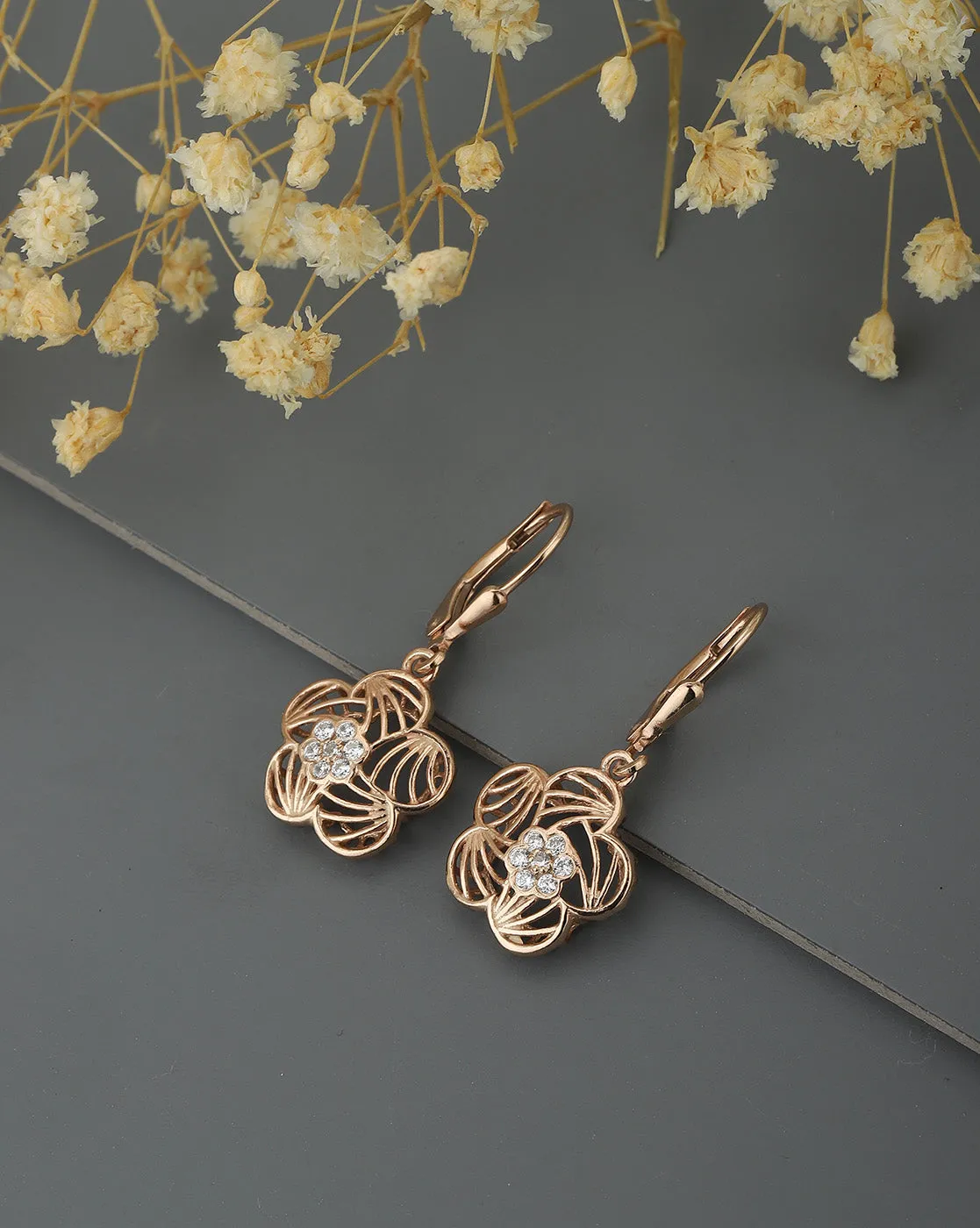 Carlton London 925 Sterling Silver Rose Gold Plated Cz Floral Drop Earring For Women