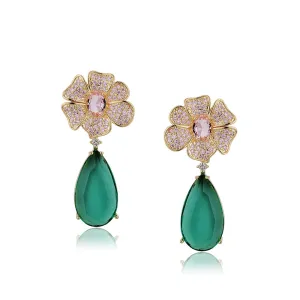 Carlton London Premium Jwlry-Gold & Green Toned Cz Studded Gold-Plated Teardrop Shaped Handcrafted Drop Earrings Fje4150