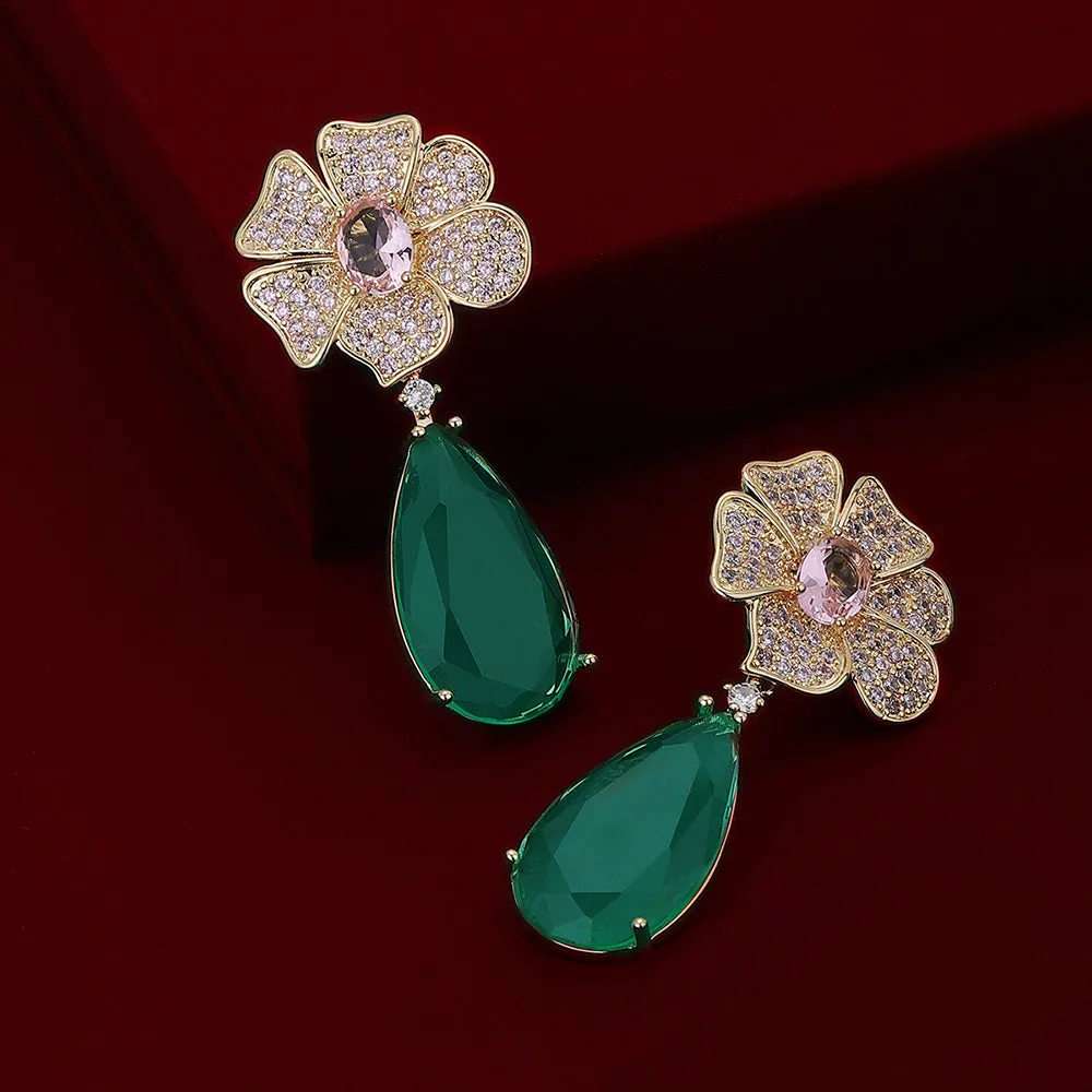 Carlton London Premium Jwlry-Gold & Green Toned Cz Studded Gold-Plated Teardrop Shaped Handcrafted Drop Earrings Fje4150