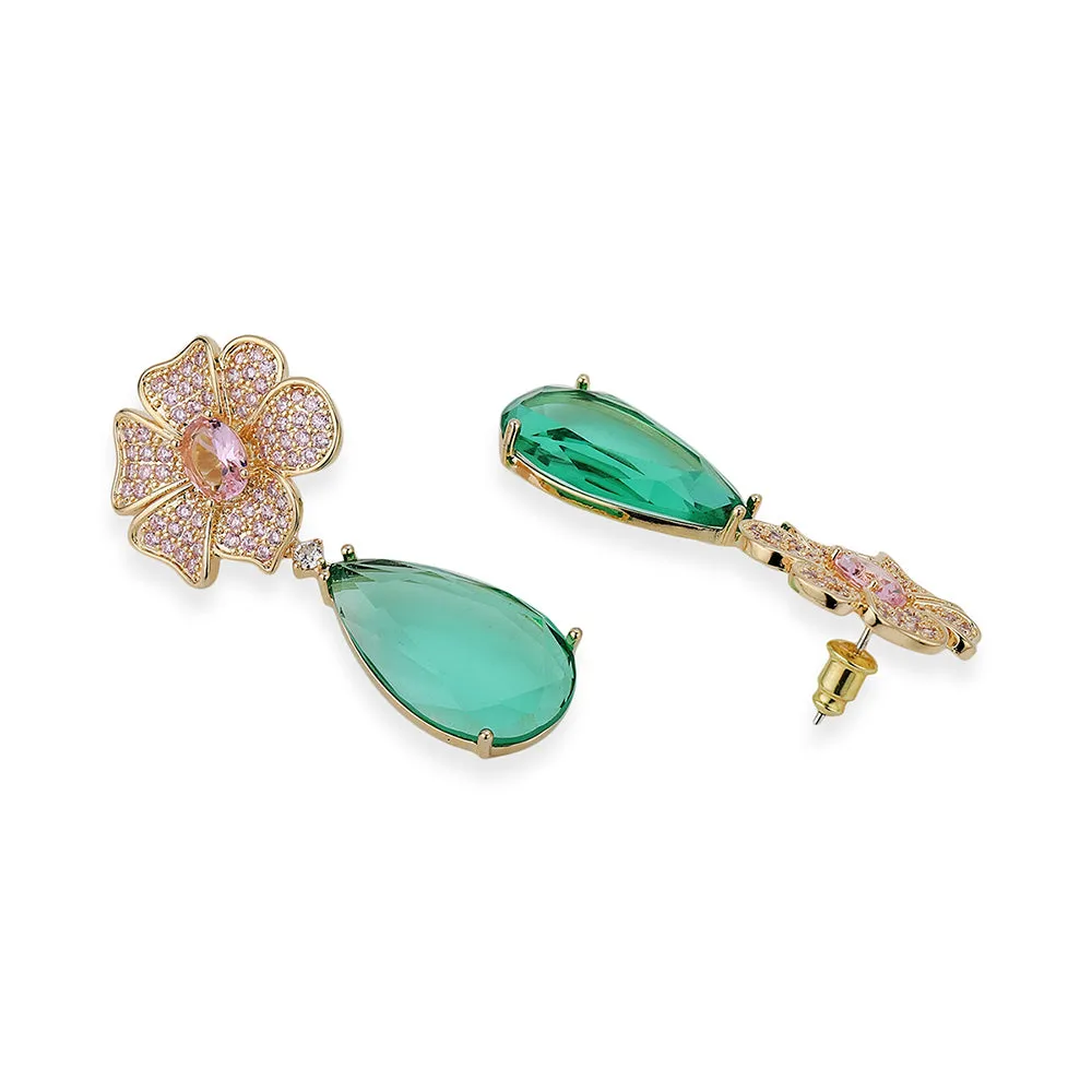 Carlton London Premium Jwlry-Gold & Green Toned Cz Studded Gold-Plated Teardrop Shaped Handcrafted Drop Earrings Fje4150