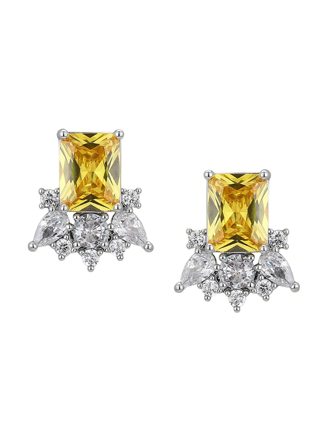 Carlton London Premium Jwlry-Silver & Yellow Toned Cz Studded Rhodium-Plated Contemporary Handcrafted Studs Earrings Fje4111