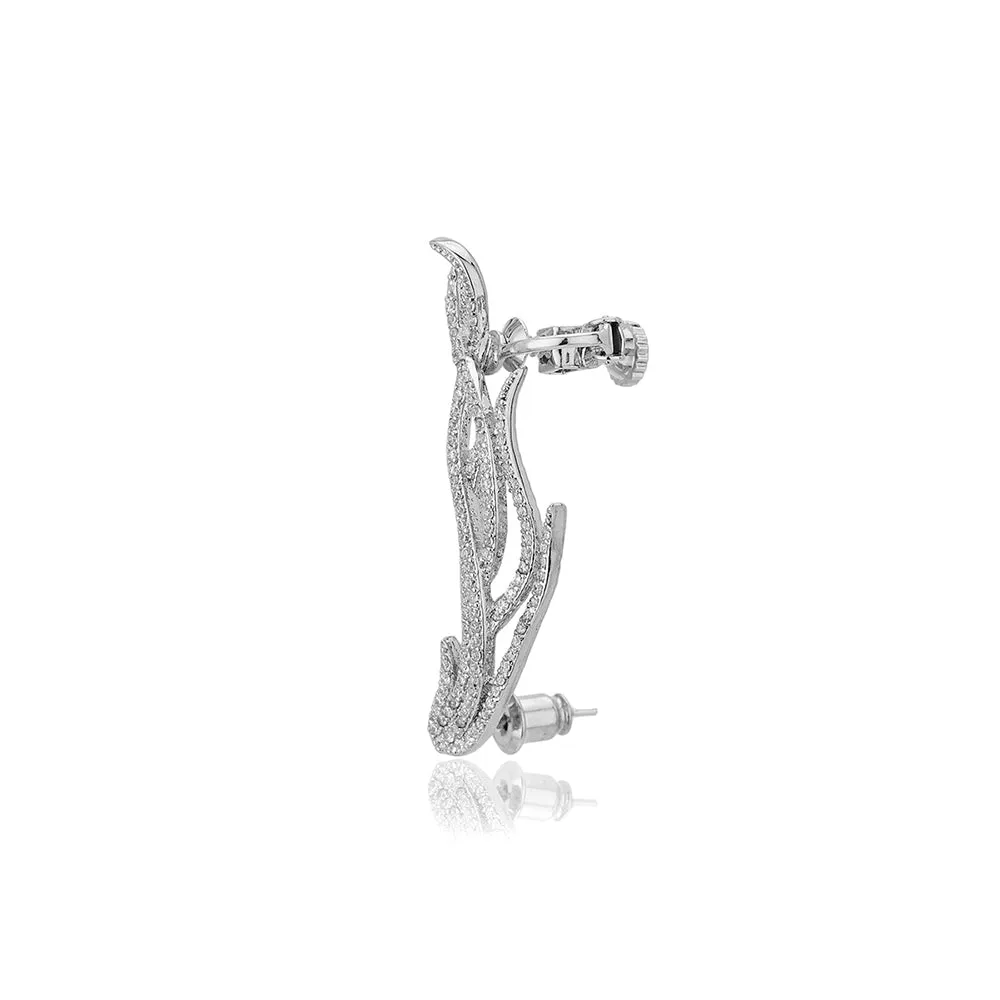 Carlton London Premium Jwlry-Silver Toned Cz Studded Rhodium-Plated Contemporary Handcrafted Ear Cuff Earrings Fje4136