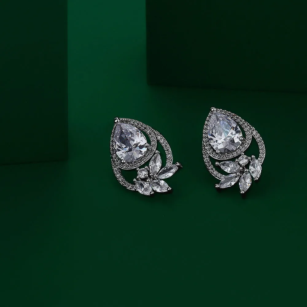 Carlton London Premium Jwlry-Silver Toned Cz Studded Rhodium-Plated Teardrop Shaped Handcrafted Studs Earrings Fje4121