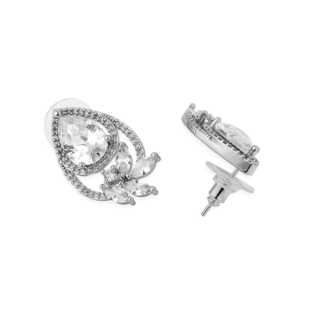 Carlton London Premium Jwlry-Silver Toned Cz Studded Rhodium-Plated Teardrop Shaped Handcrafted Studs Earrings Fje4121