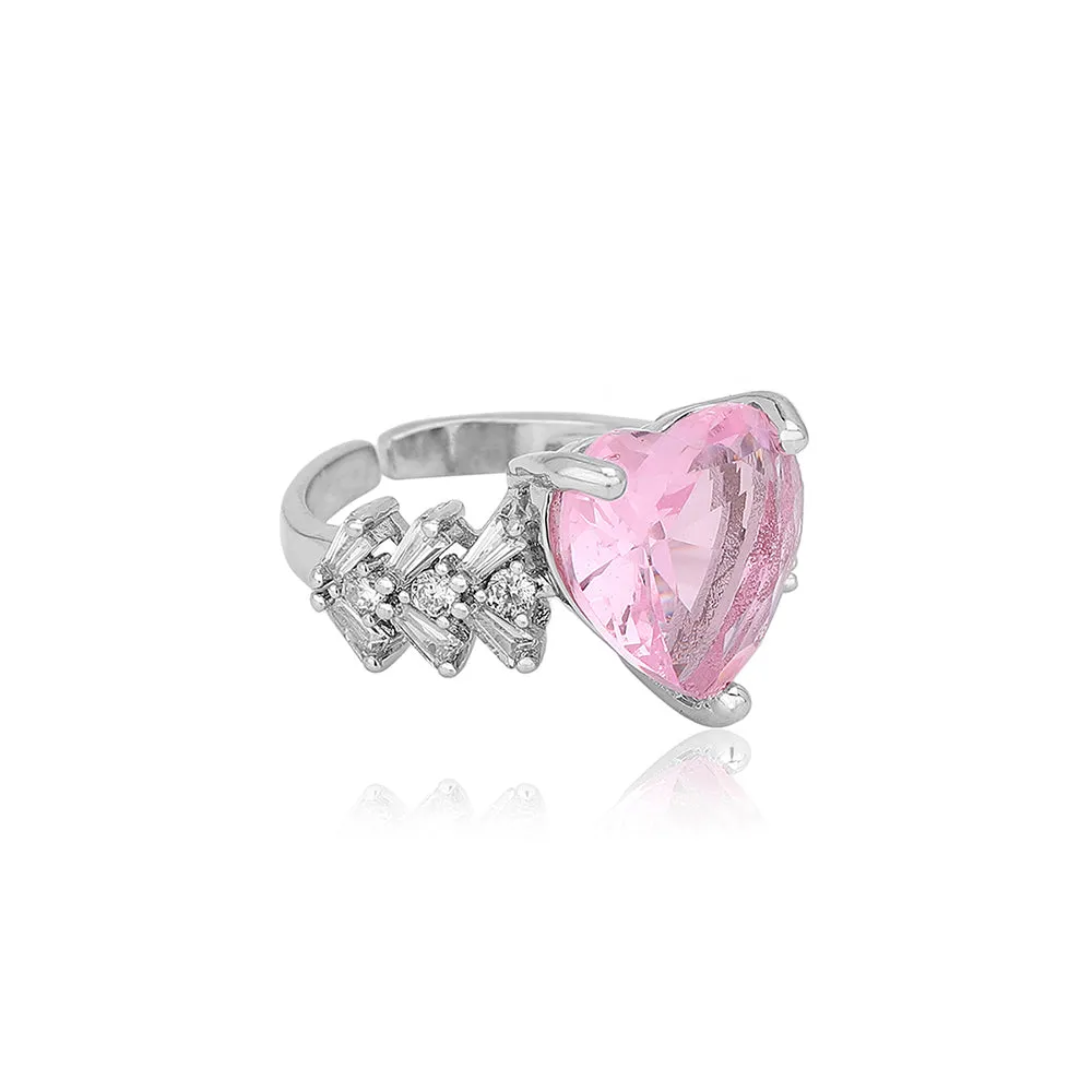 Carlton London Premium Rhodium Plated Silver Toned Pink Cz Stone Studded Adjustable Finger Ring For Women