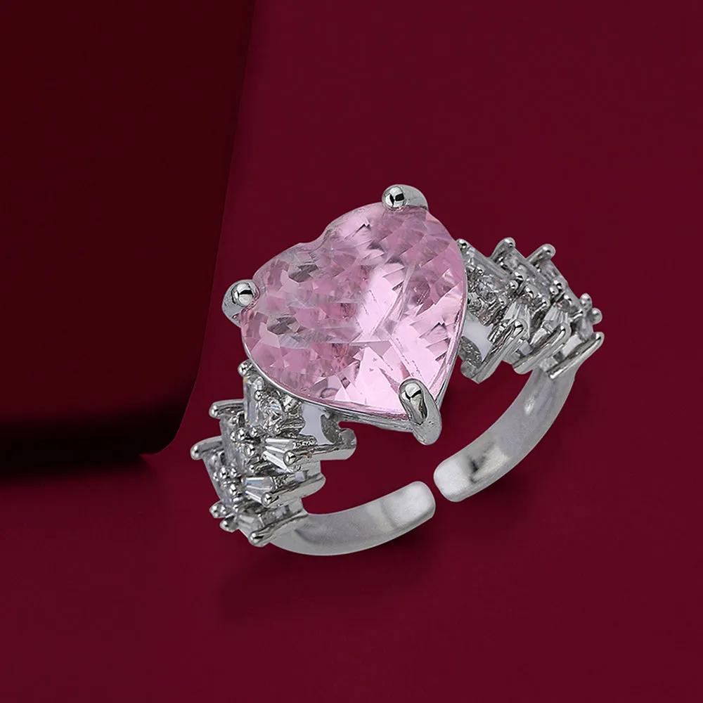 Carlton London Premium Rhodium Plated Silver Toned Pink Cz Stone Studded Adjustable Finger Ring For Women