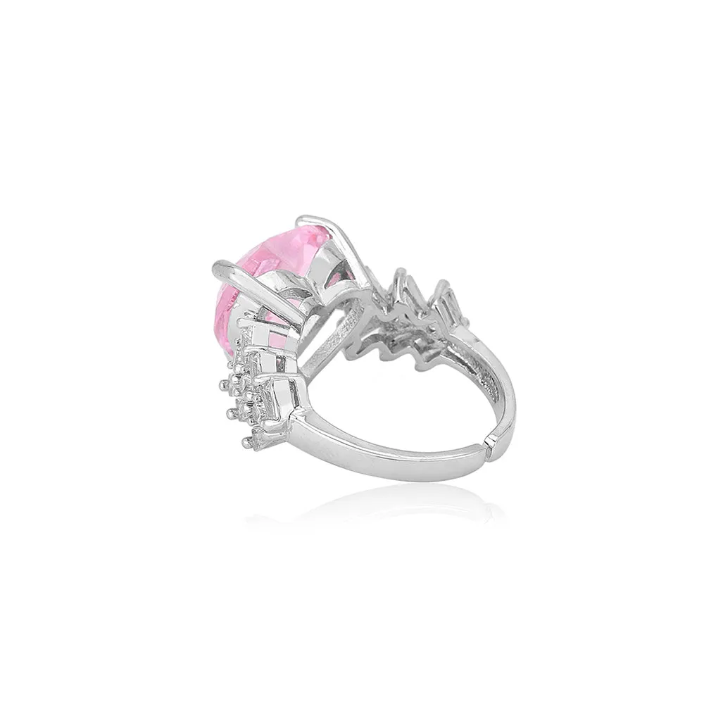 Carlton London Premium Rhodium Plated Silver Toned Pink Cz Stone Studded Adjustable Finger Ring For Women