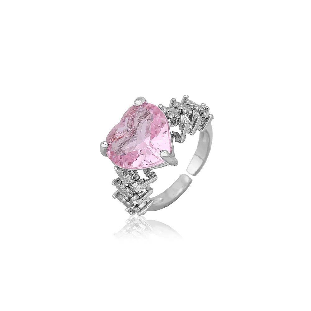 Carlton London Premium Rhodium Plated Silver Toned Pink Cz Stone Studded Adjustable Finger Ring For Women