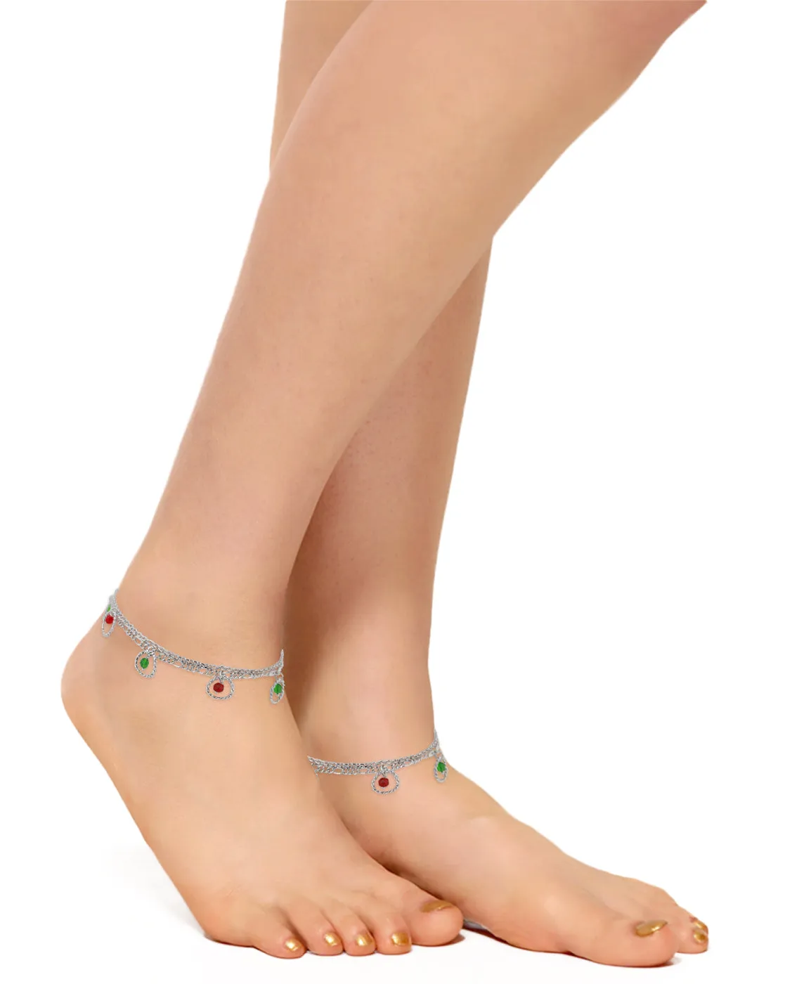 Carlton London -Set Of 2 Rhodium-Plated Silver Toned Green & Red Beaded Layered Anklets For Women