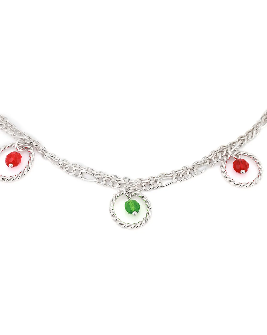 Carlton London -Set Of 2 Rhodium-Plated Silver Toned Green & Red Beaded Layered Anklets For Women