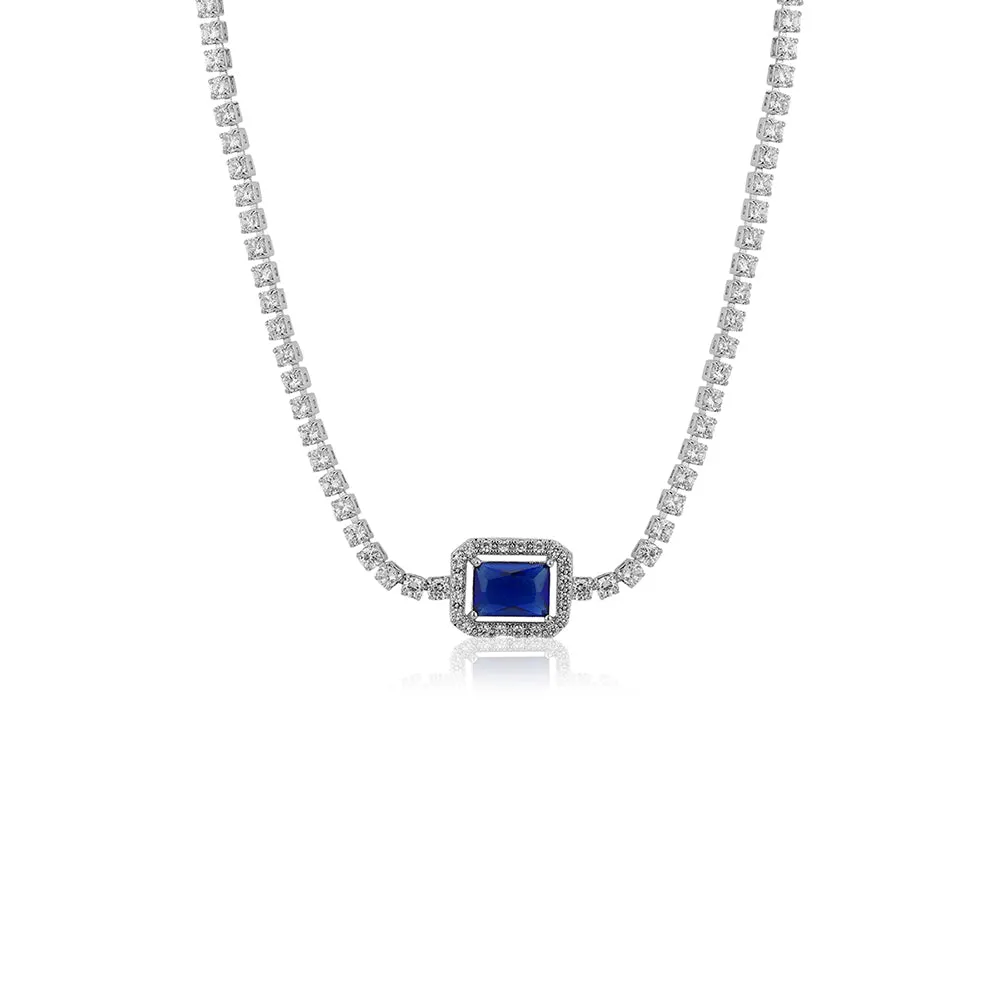 Carlton London Women'S Premium Silver & Blue Toned Cubic Zirconia Studded Rhodium-Plated Necklace Fjn4164