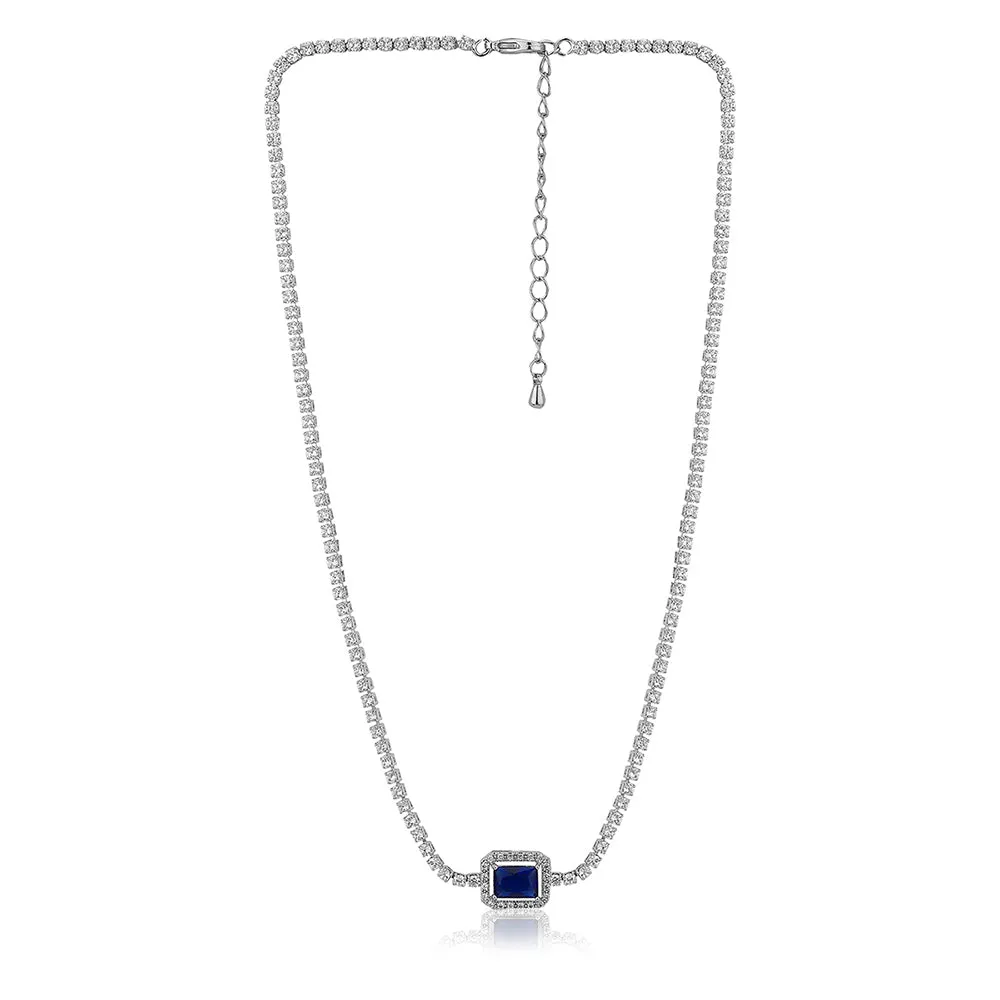 Carlton London Women'S Premium Silver & Blue Toned Cubic Zirconia Studded Rhodium-Plated Necklace Fjn4164